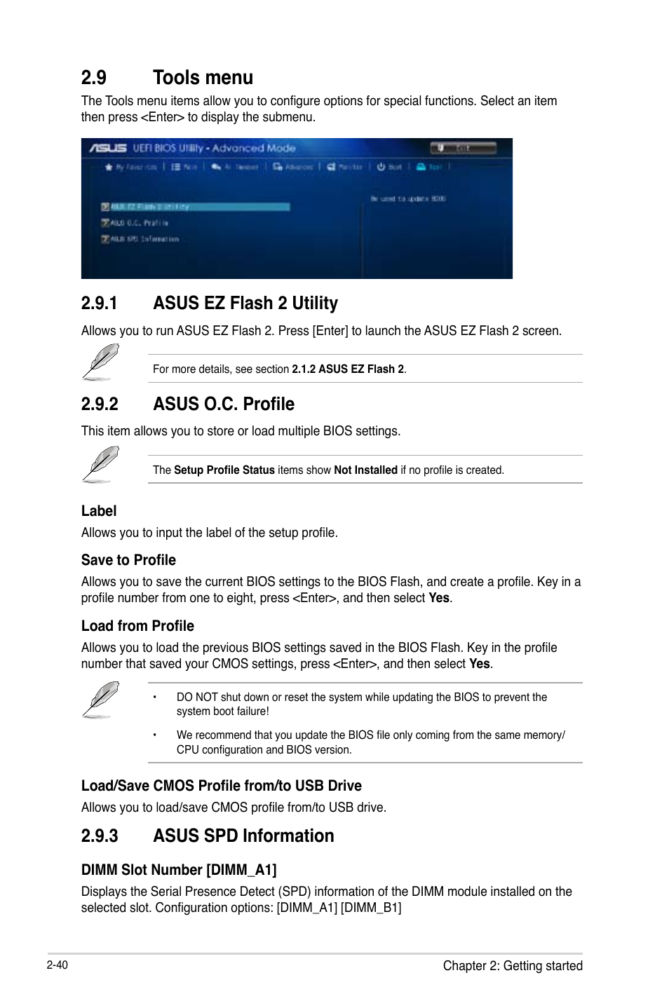 9 tools menu, Tools menu -40, 1 asus ez flash 2 utility | 2 asus o.c. profile, 3 asus spd information | Asus H81M-C User Manual | Page 68 / 74