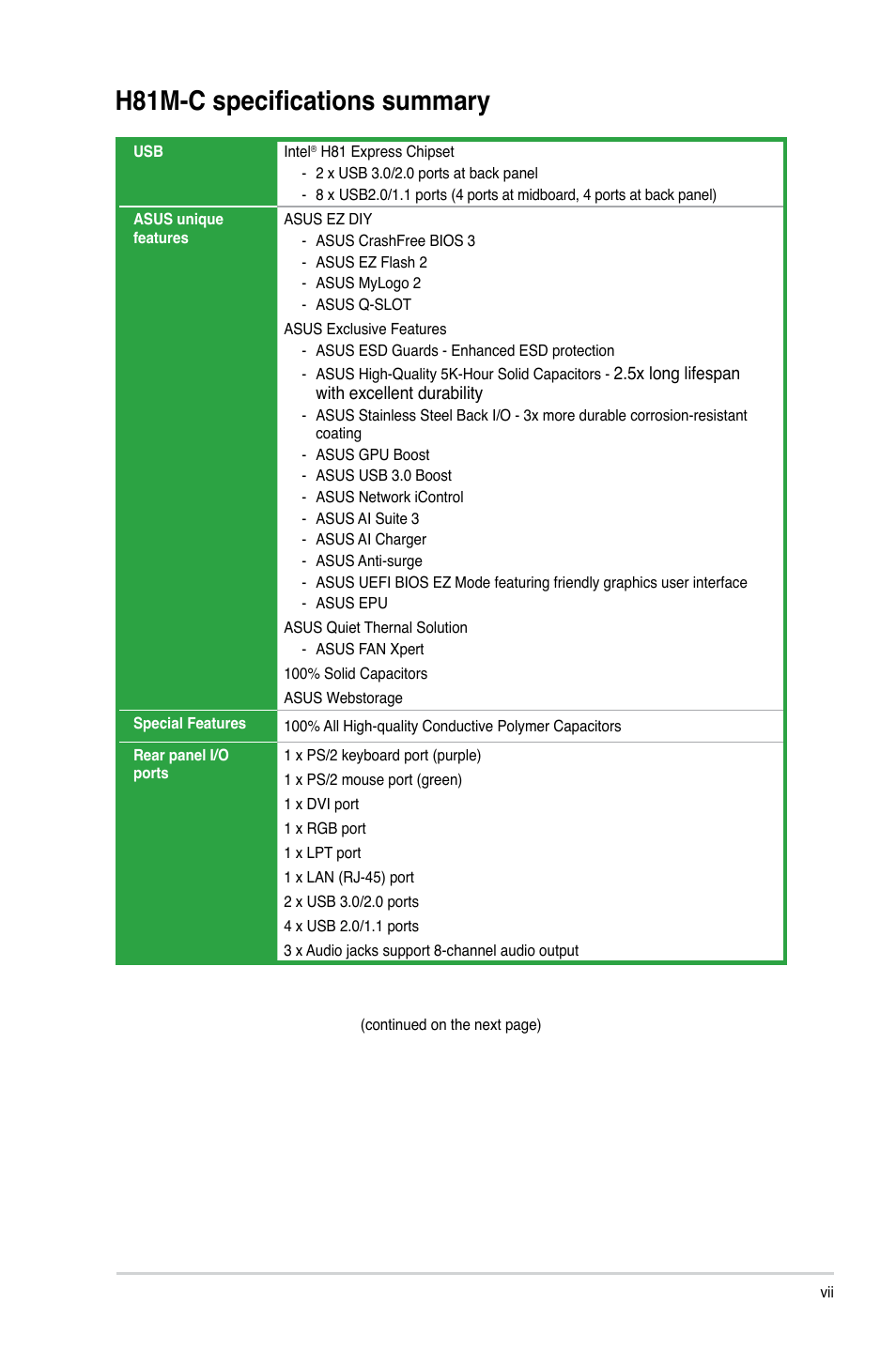 H81m-c specifications summary | Asus H81M-C User Manual | Page 7 / 74