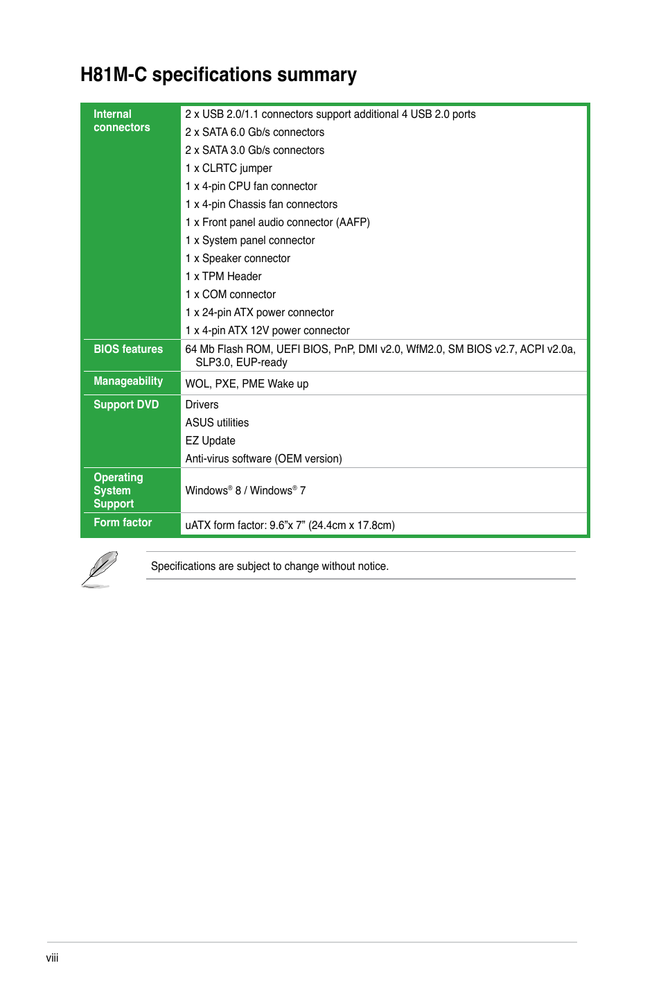 H81m-c specifications summary | Asus H81M-C User Manual | Page 8 / 74