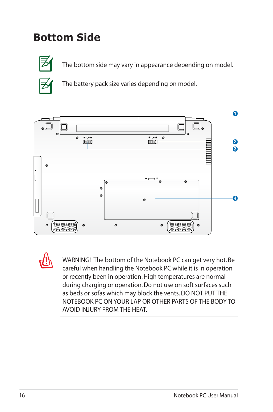 Bottom side | Asus UL50VS User Manual | Page 16 / 106