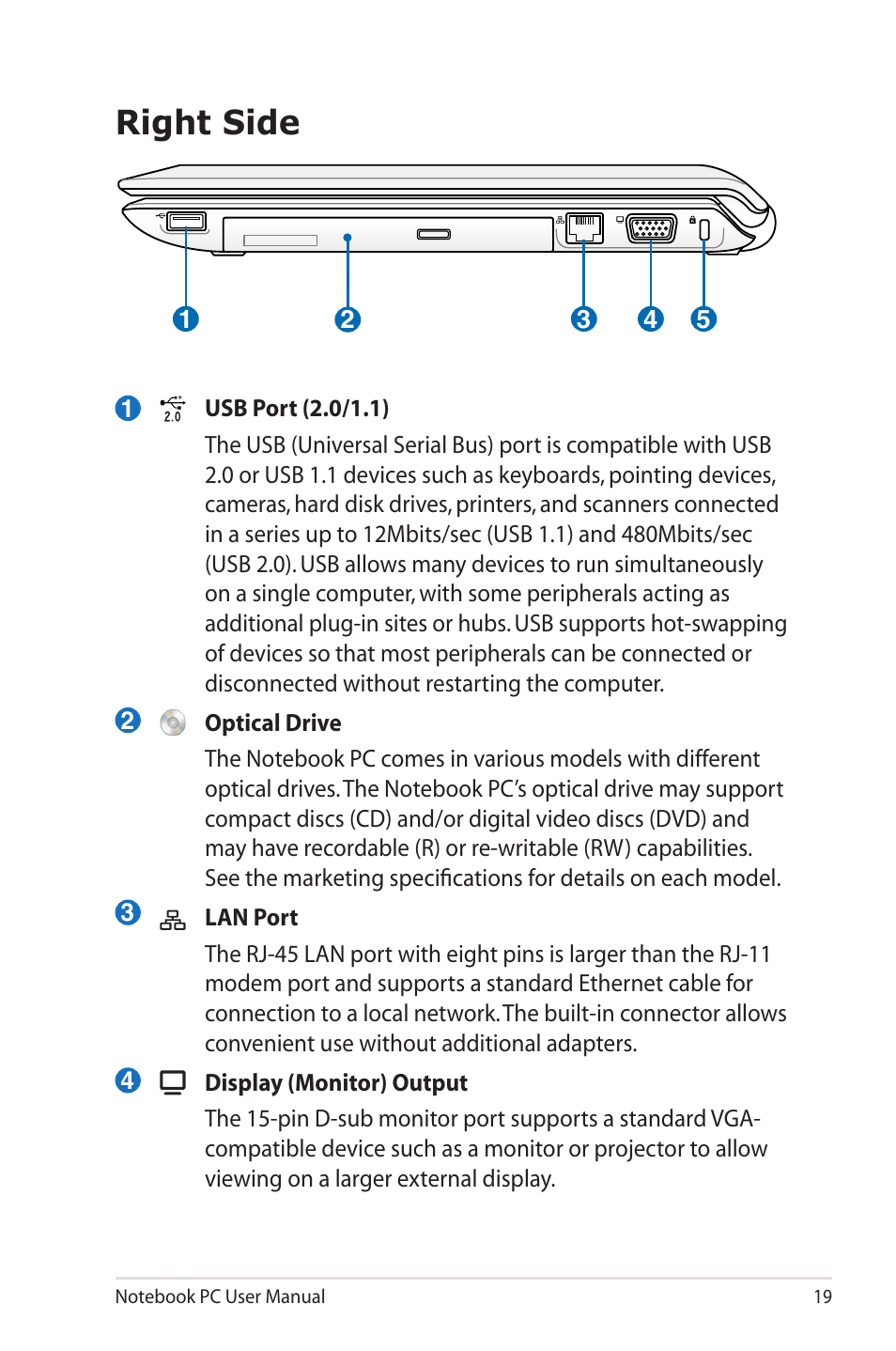 Right side | Asus UL50VS User Manual | Page 19 / 106