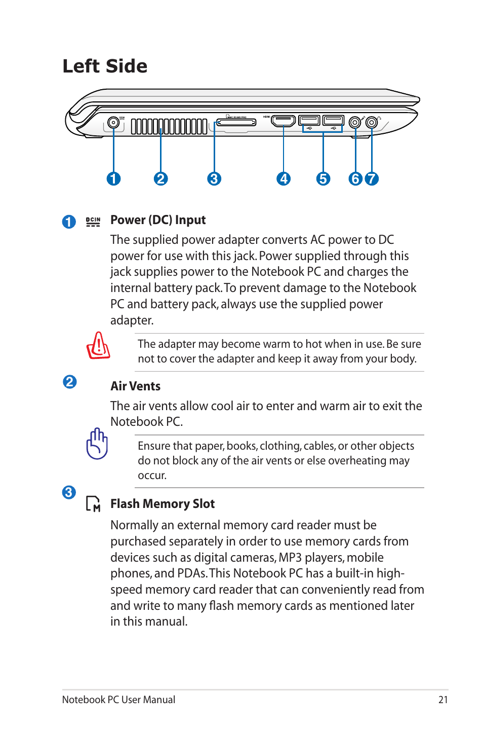Left side | Asus UL50VS User Manual | Page 21 / 106