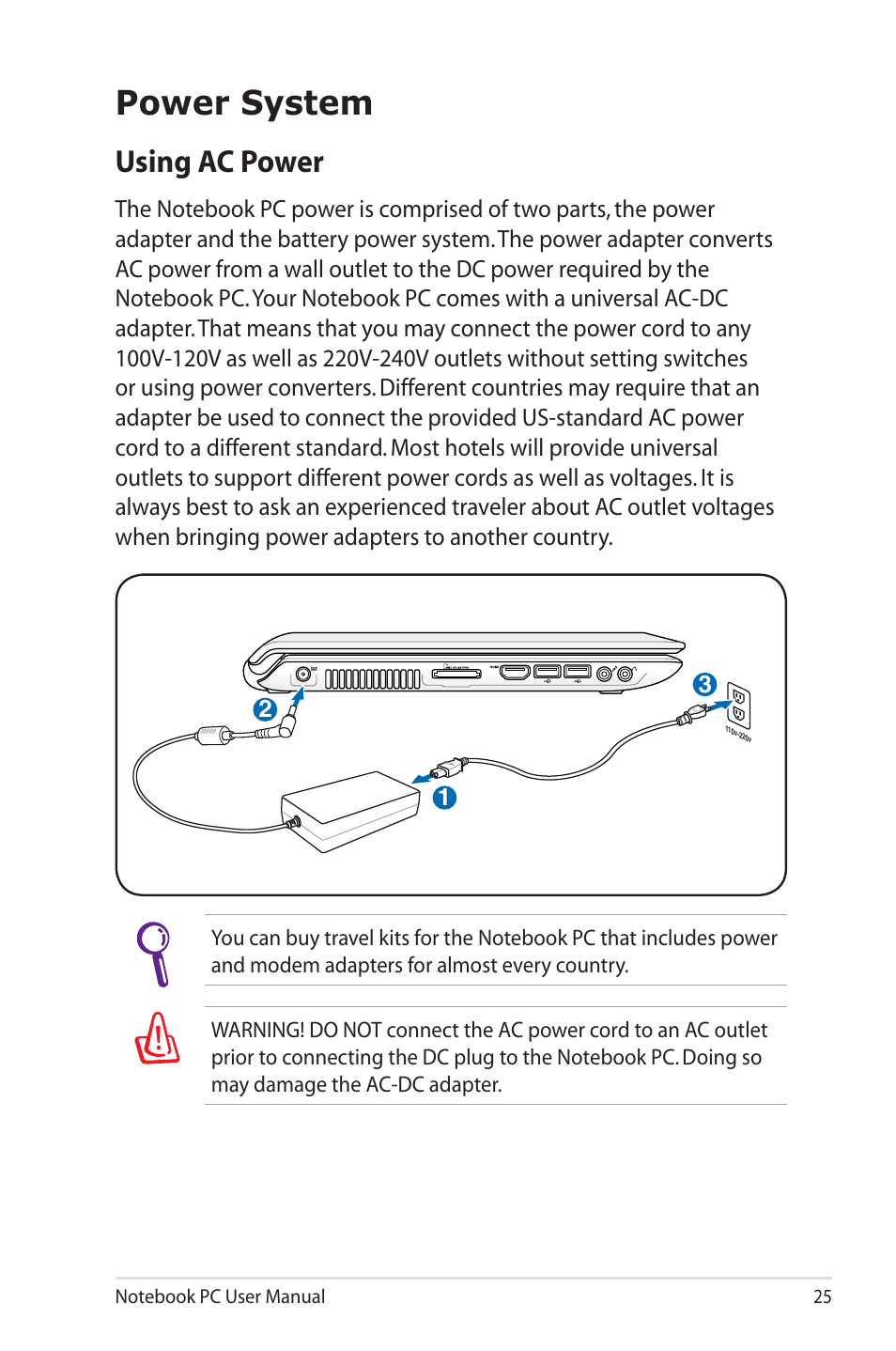 Power system, Using ac power | Asus UL50VS User Manual | Page 25 / 106