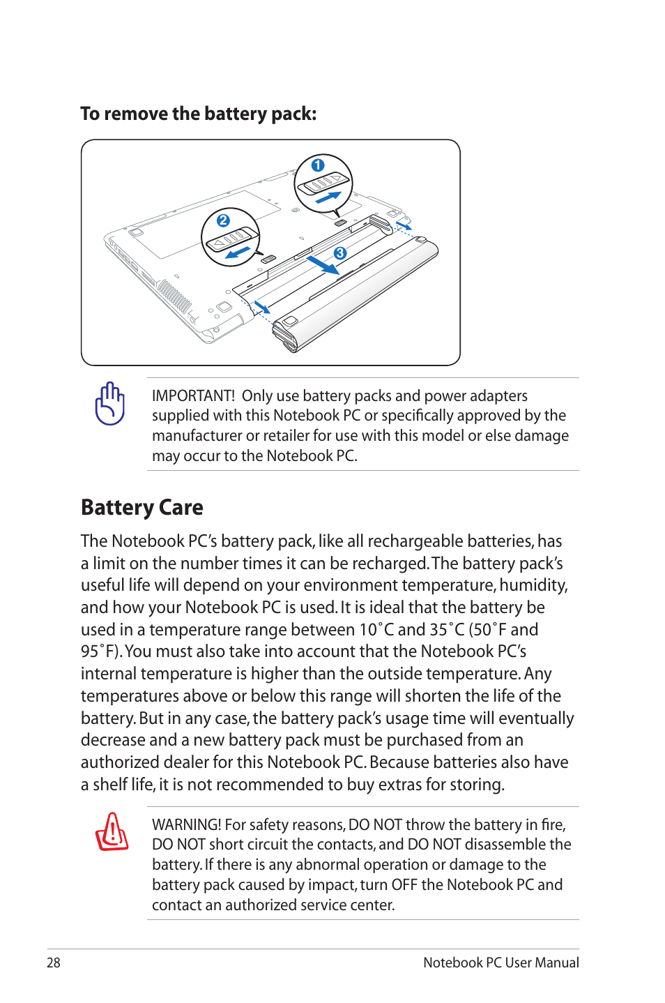 Battery care | Asus UL50VS User Manual | Page 28 / 106