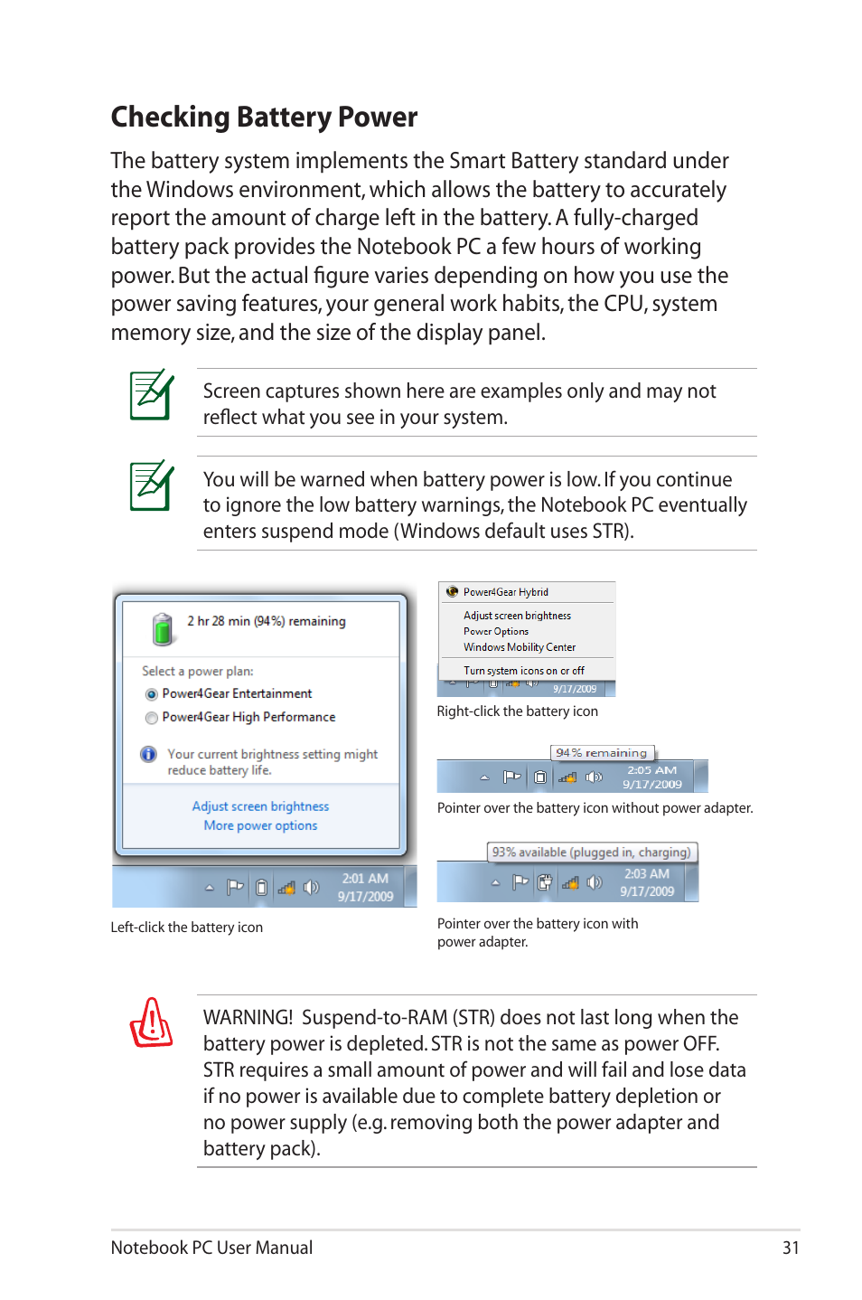 Checking battery power | Asus UL50VS User Manual | Page 31 / 106