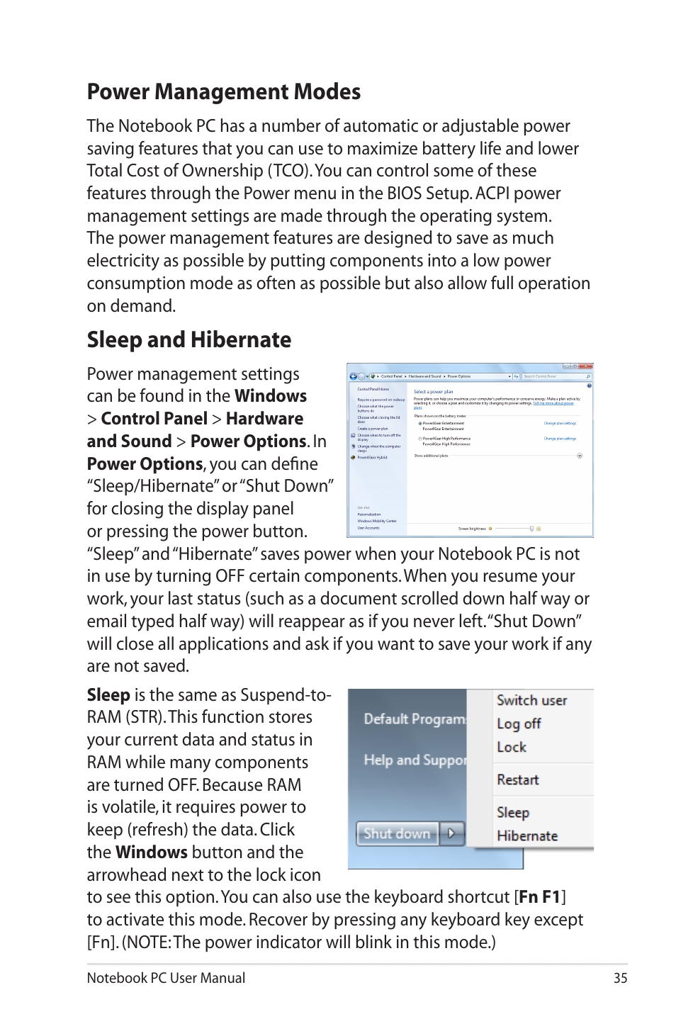 Power management modes, Sleep and hibernate, Power management modes sleep and hibernate | Asus UL50VS User Manual | Page 35 / 106