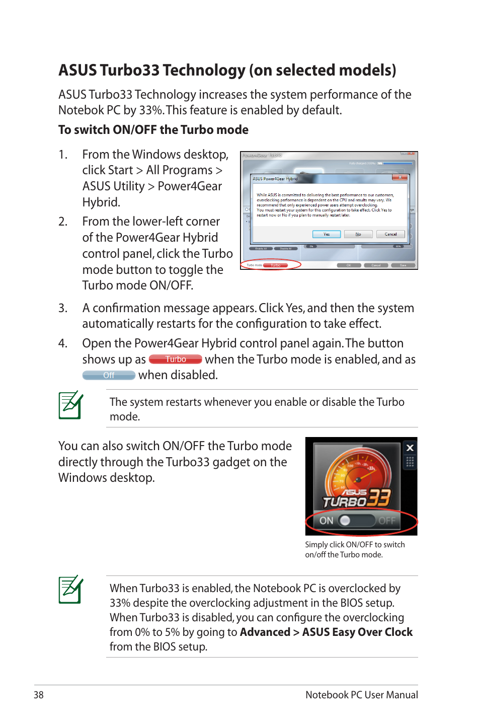 Asus turbo33 technology (on selected models) | Asus UL50VS User Manual | Page 38 / 106