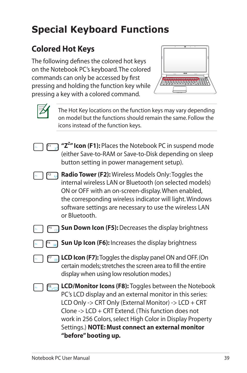 Special keyboard functions, Colored hot keys | Asus UL50VS User Manual | Page 39 / 106