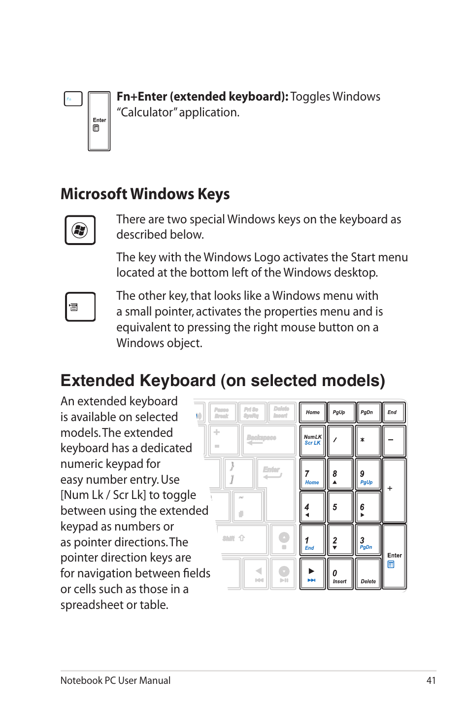 Microsoft windows keys, Extended keyboard (on selected models) | Asus UL50VS User Manual | Page 41 / 106