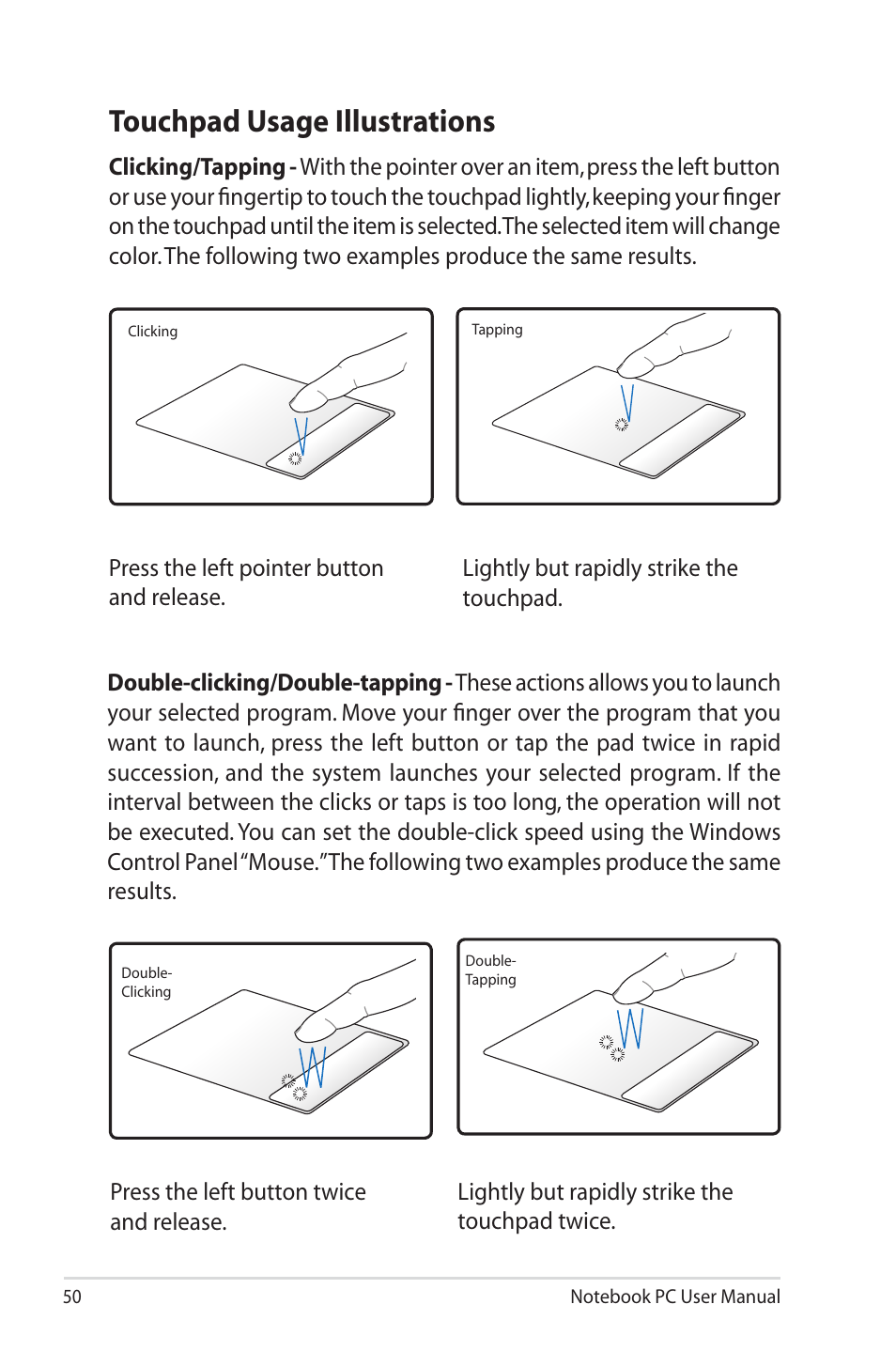 Touchpad usage illustrations | Asus UL50VS User Manual | Page 50 / 106