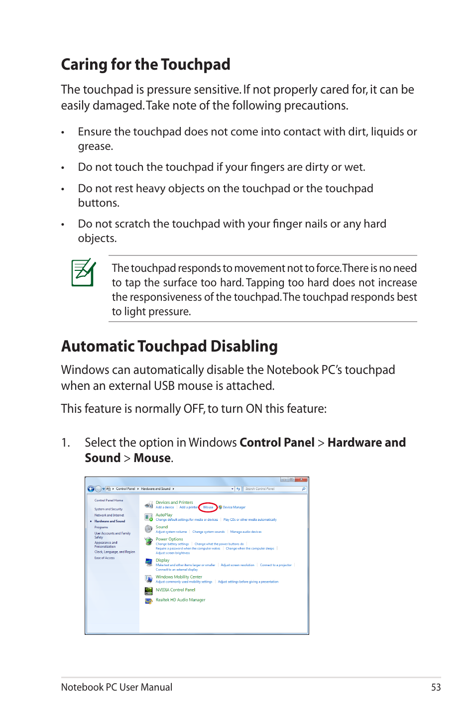 Caring for the touchpad, Automatic touchpad disabling | Asus UL50VS User Manual | Page 53 / 106
