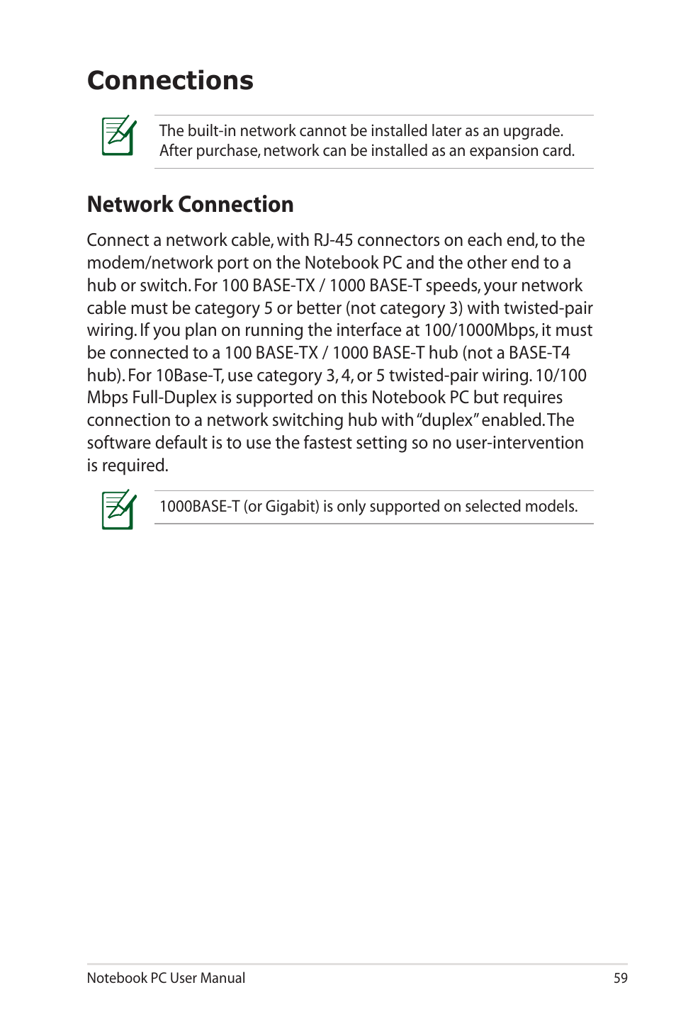 Connections, Network connection | Asus UL50VS User Manual | Page 59 / 106
