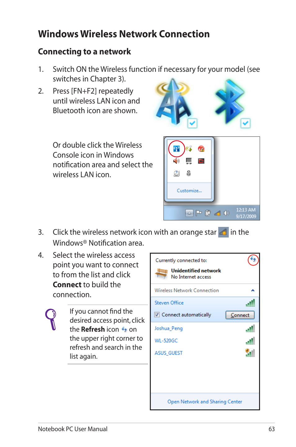 Windows wireless network connection | Asus UL50VS User Manual | Page 63 / 106