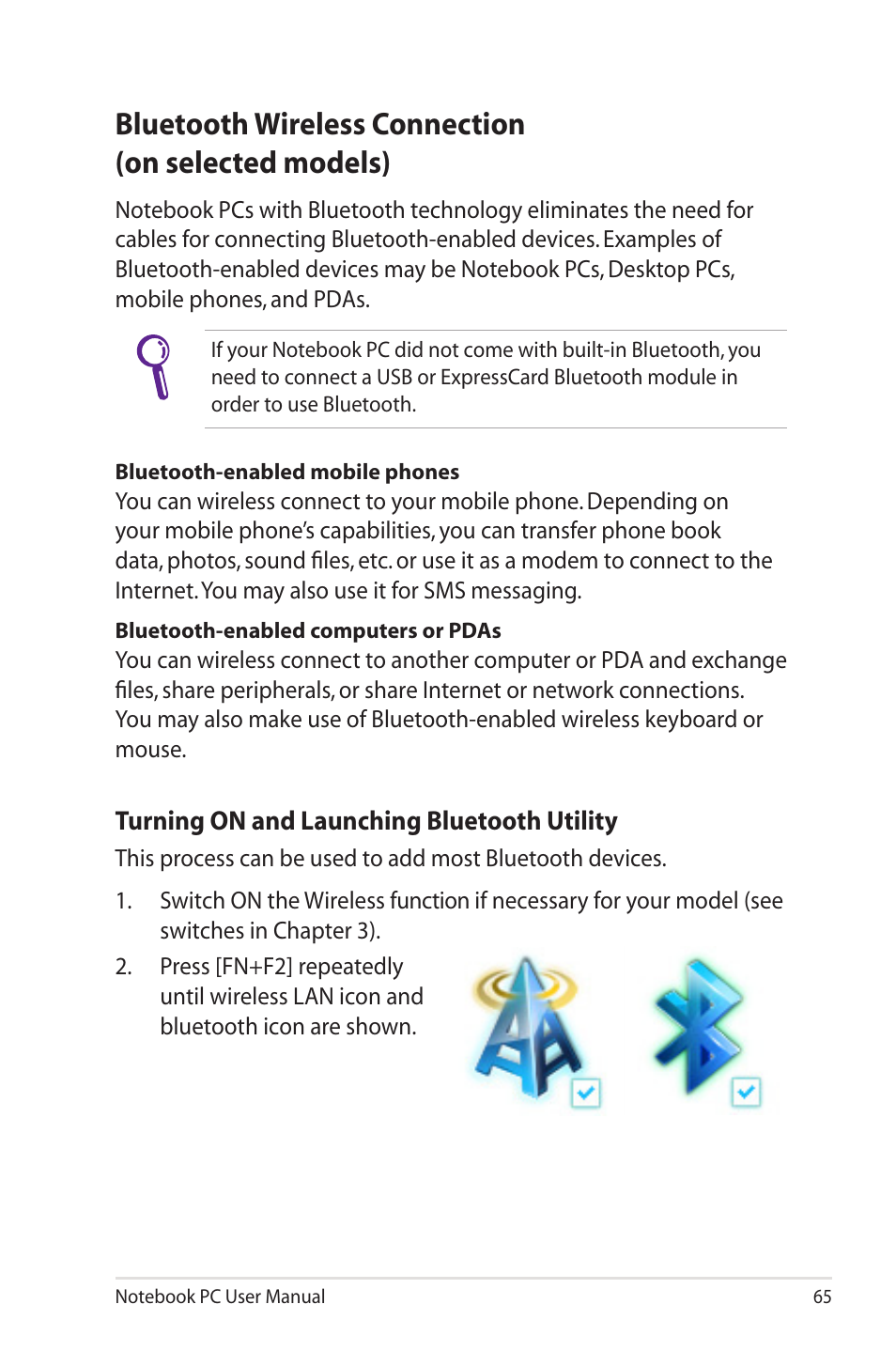 Bluetooth wireless connection(on selected models), Bluetooth wireless connection (on selected models) | Asus UL50VS User Manual | Page 65 / 106