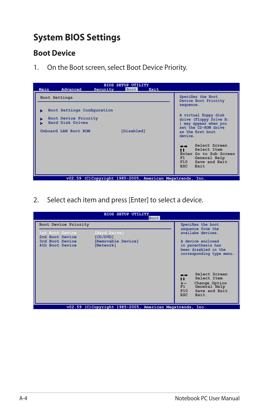 System bios settings, Boot device, On the boot screen, select boot device priority | Asus UL50VS User Manual | Page 72 / 106