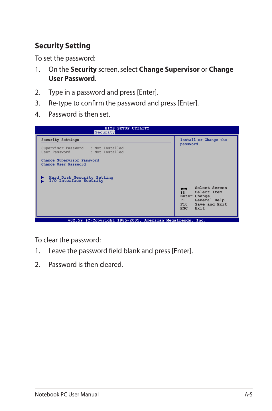 Security setting | Asus UL50VS User Manual | Page 73 / 106