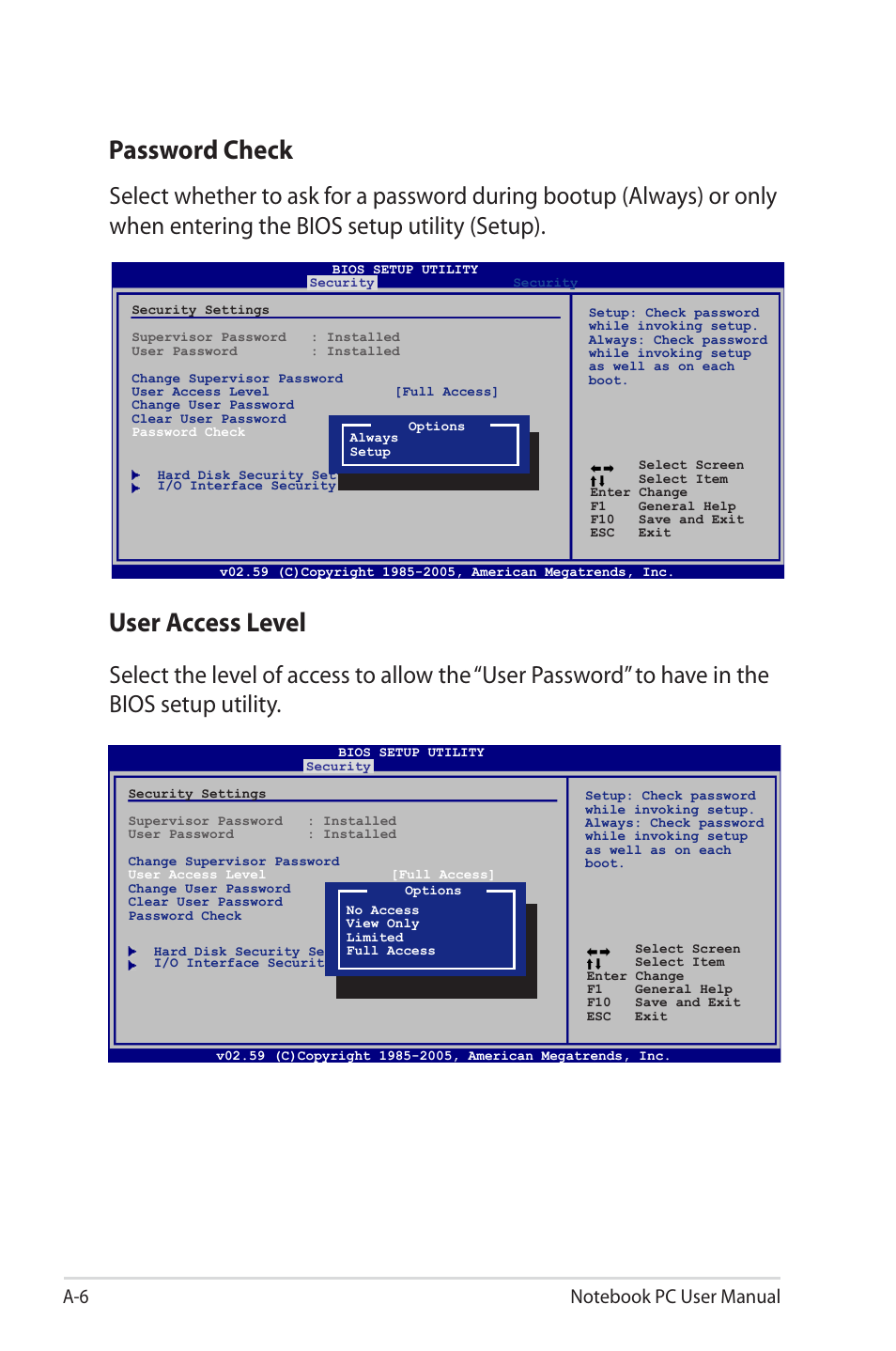 Password check, User access level | Asus UL50VS User Manual | Page 74 / 106