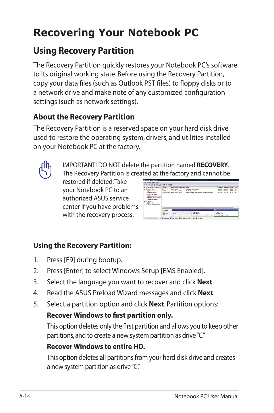 Recovering your notebook pc, Using recovery partition | Asus UL50VS User Manual | Page 82 / 106