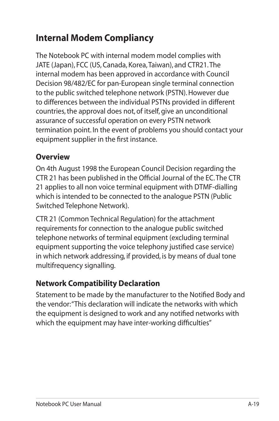 Internal modem compliancy | Asus UL50VS User Manual | Page 87 / 106