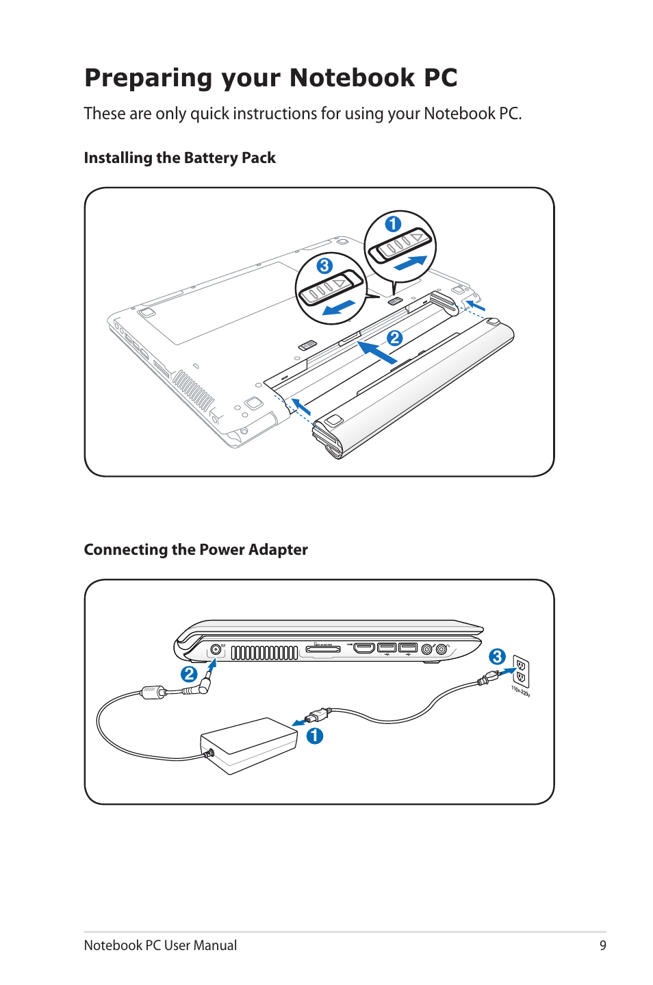 Preparing your notebook pc | Asus UL50VS User Manual | Page 9 / 106