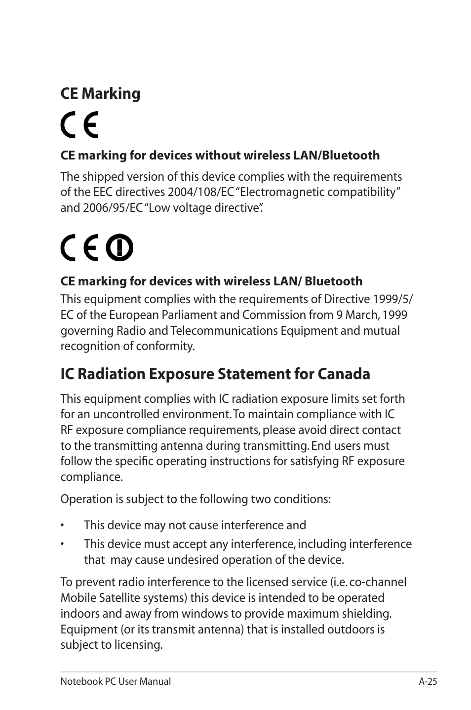 Ce marking, Ic radiation exposure statement for canada | Asus UL50VS User Manual | Page 93 / 106