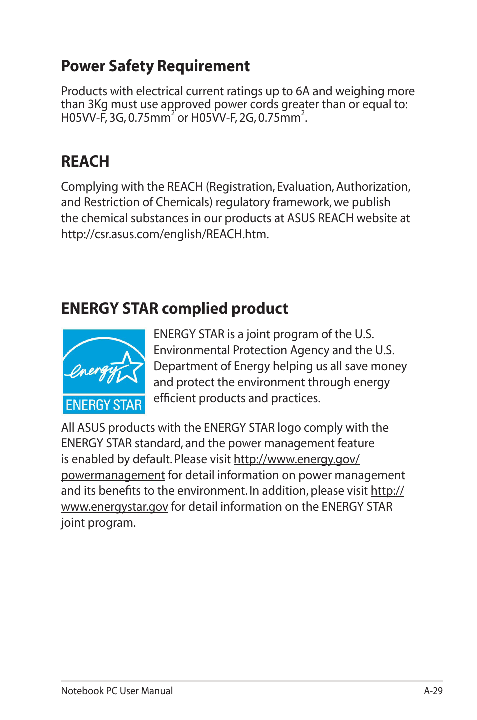 Power safety requirement, Reach, Energy star complied product | Asus UL50VS User Manual | Page 97 / 106