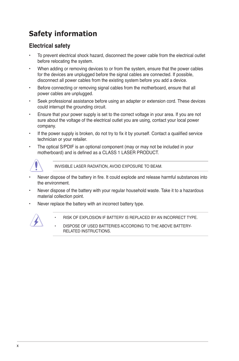 Safety information, Electrical safety | Asus RAMPAGE IV GENE User Manual | Page 10 / 172