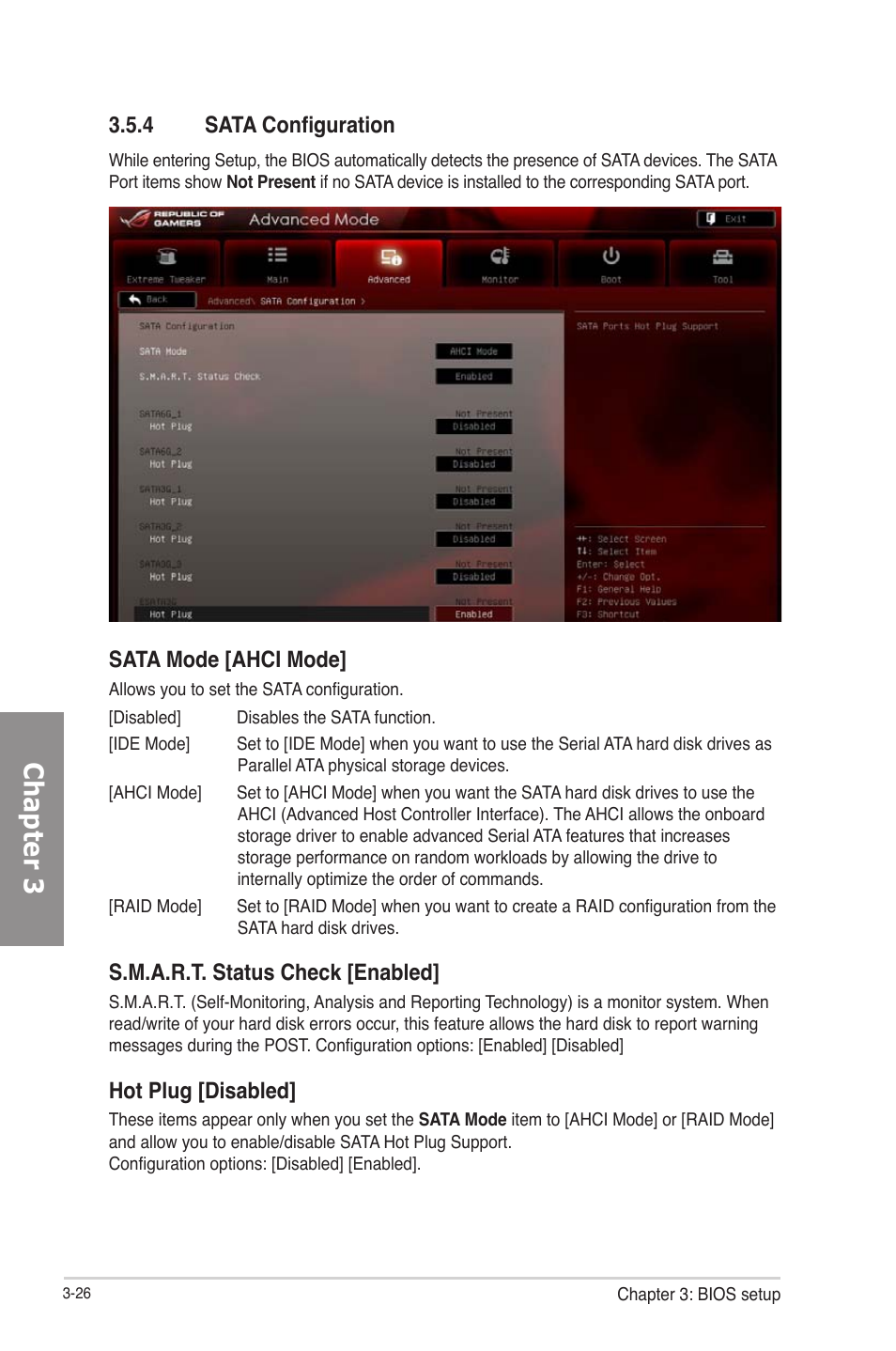 Sata configuration -26, Chapter 3, 4 sata configuration | Sata mode [ahci mode, S.m.a.r.t. status check [enabled, Hot plug [disabled | Asus RAMPAGE IV GENE User Manual | Page 100 / 172