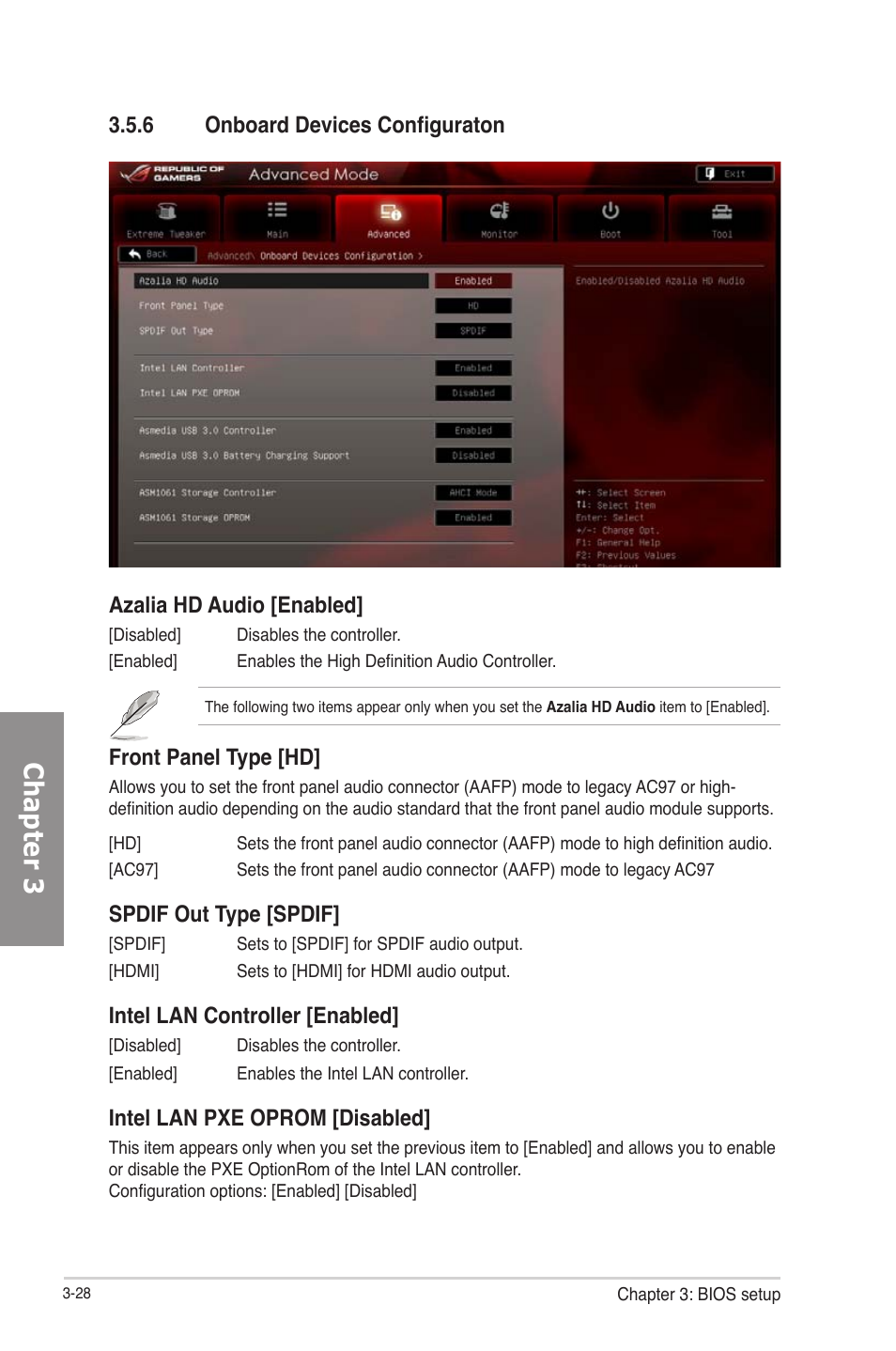 Onboard devices configuraton -28, Chapter 3, Front panel type [hd | Spdif out type [spdif, Intel lan controller [enabled, Intel lan pxe oprom [disabled | Asus RAMPAGE IV GENE User Manual | Page 102 / 172