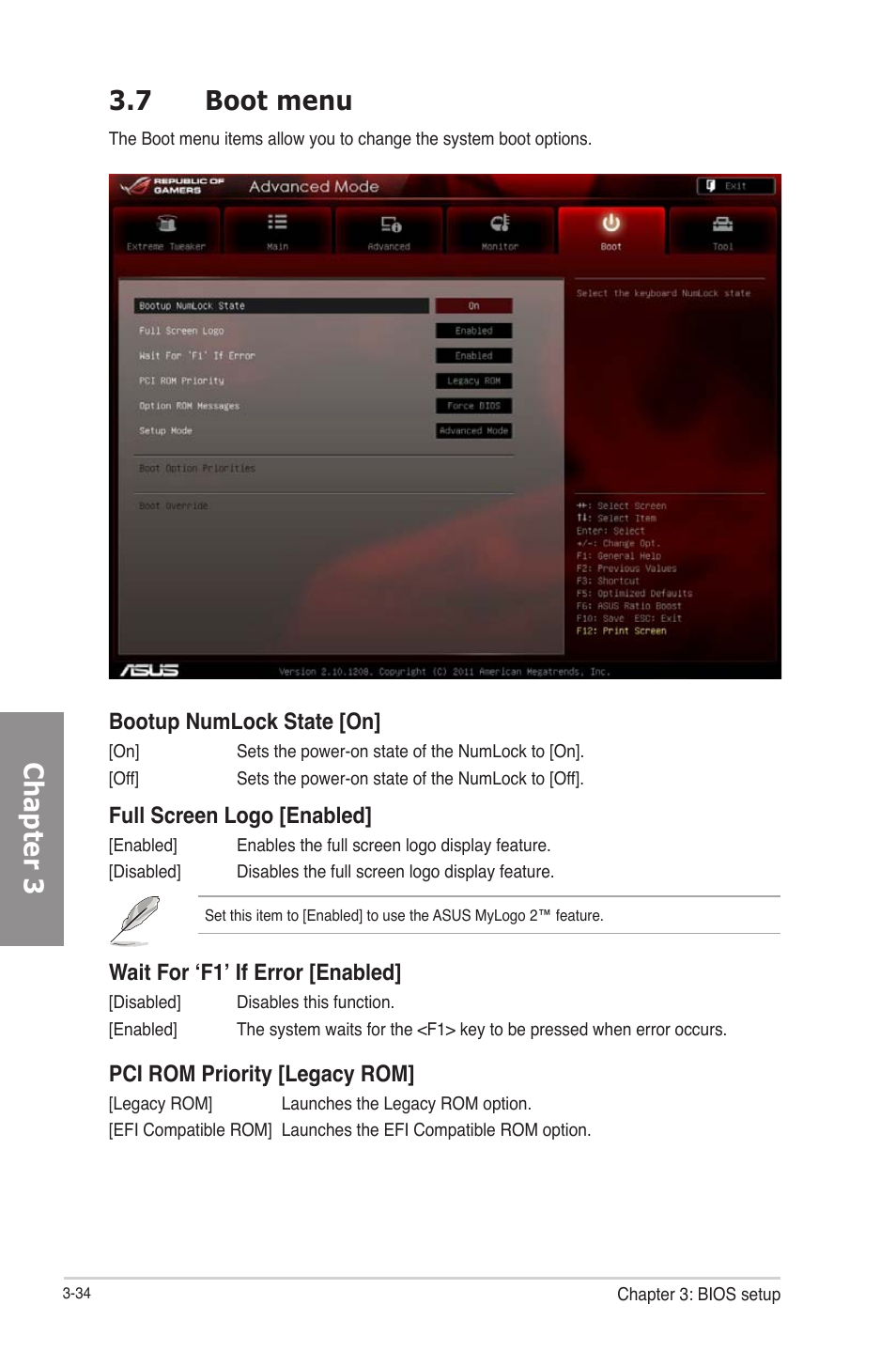 Boot menu -34, Chapter 3 3.7 boot menu | Asus RAMPAGE IV GENE User Manual | Page 108 / 172