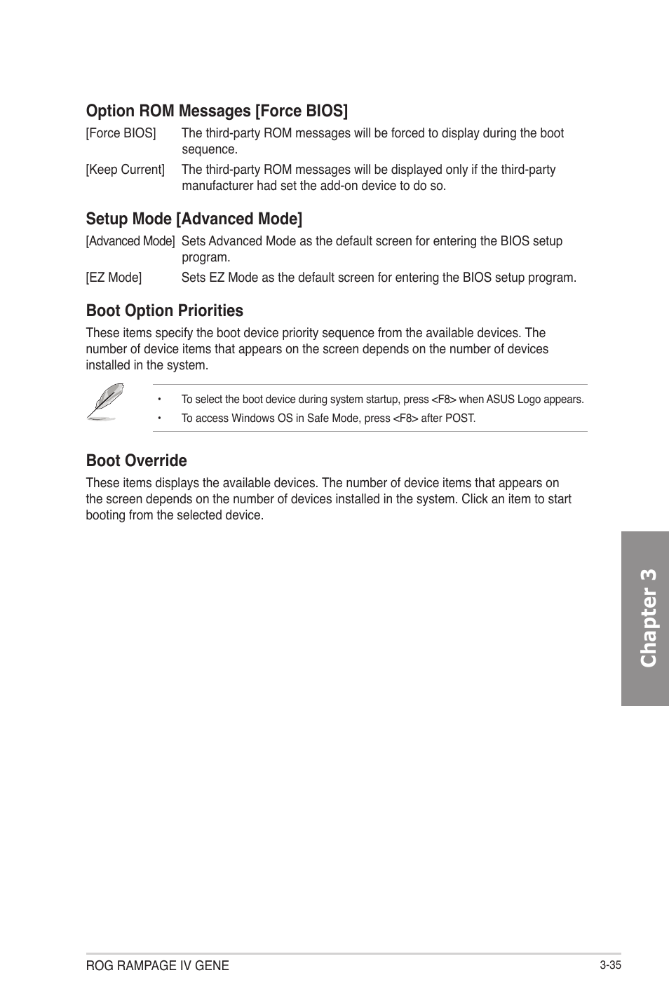 Chapter 3, Option rom messages [force bios, Setup mode [advanced mode | Boot option priorities, Boot override | Asus RAMPAGE IV GENE User Manual | Page 109 / 172