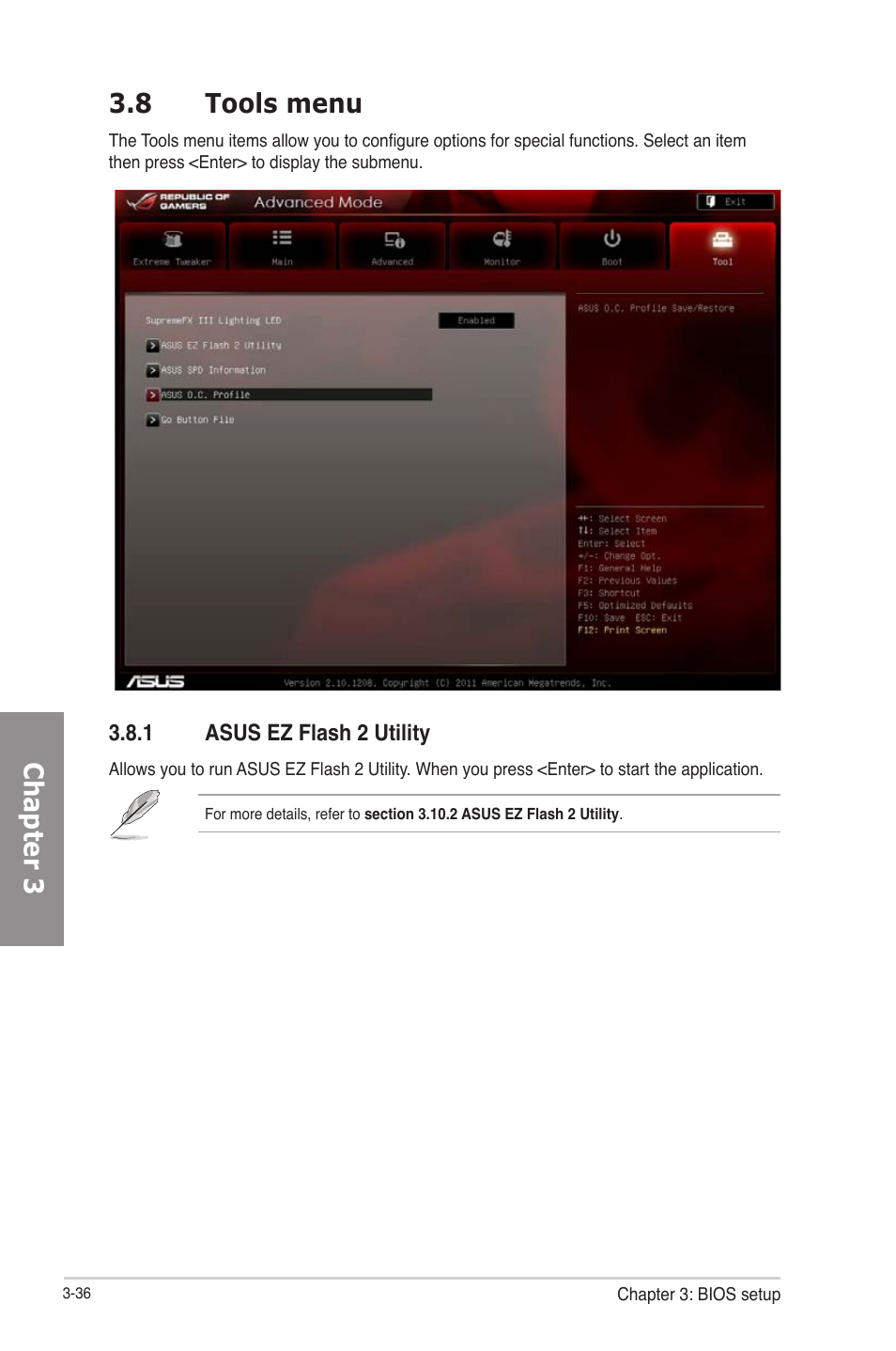 Tools menu -36 3.8.1, Asus ez flash 2 utility -36, Chapter 3 3.8 tools menu | Asus RAMPAGE IV GENE User Manual | Page 110 / 172