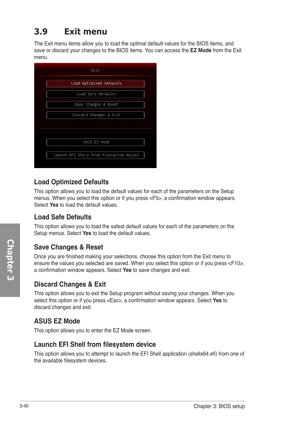 Exit menu -40, Chapter 3 3.9 exit menu | Asus RAMPAGE IV GENE User Manual | Page 114 / 172