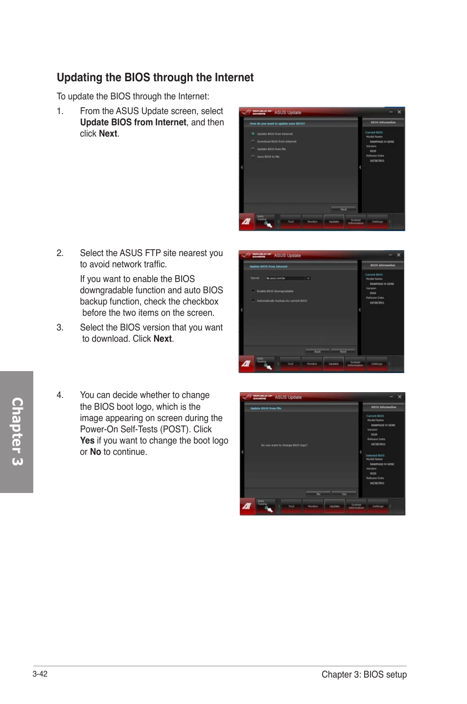 Chapter 3, Updating the bios through the internet | Asus RAMPAGE IV GENE User Manual | Page 116 / 172