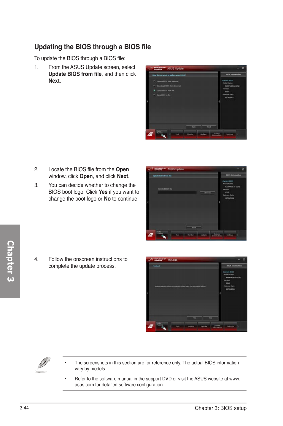 Chapter 3, Updating the bios through a bios file | Asus RAMPAGE IV GENE User Manual | Page 118 / 172