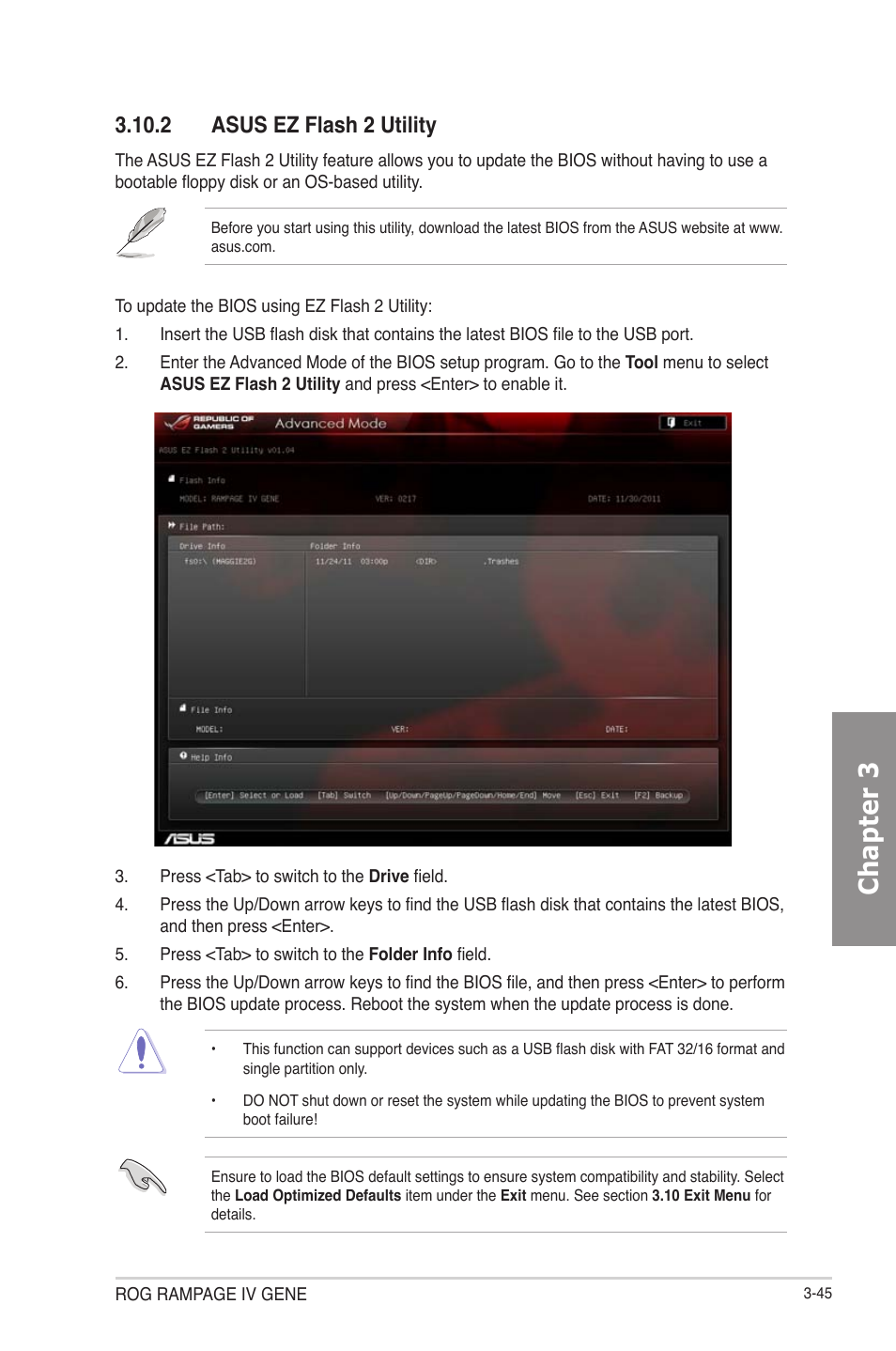 Asus ez flash 2 utility -45, Chapter 3, 2 asus ez flash 2 utility | Asus RAMPAGE IV GENE User Manual | Page 119 / 172