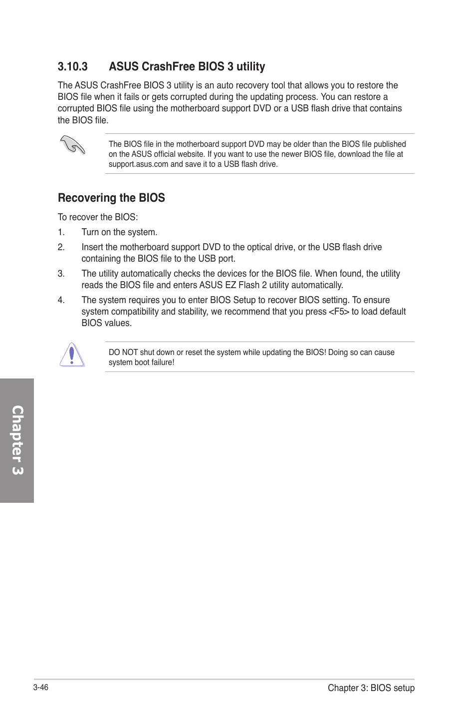 Asus crashfree bios 3 utility -46, Chapter 3, 3 asus crashfree bios 3 utility | Recovering the bios | Asus RAMPAGE IV GENE User Manual | Page 120 / 172