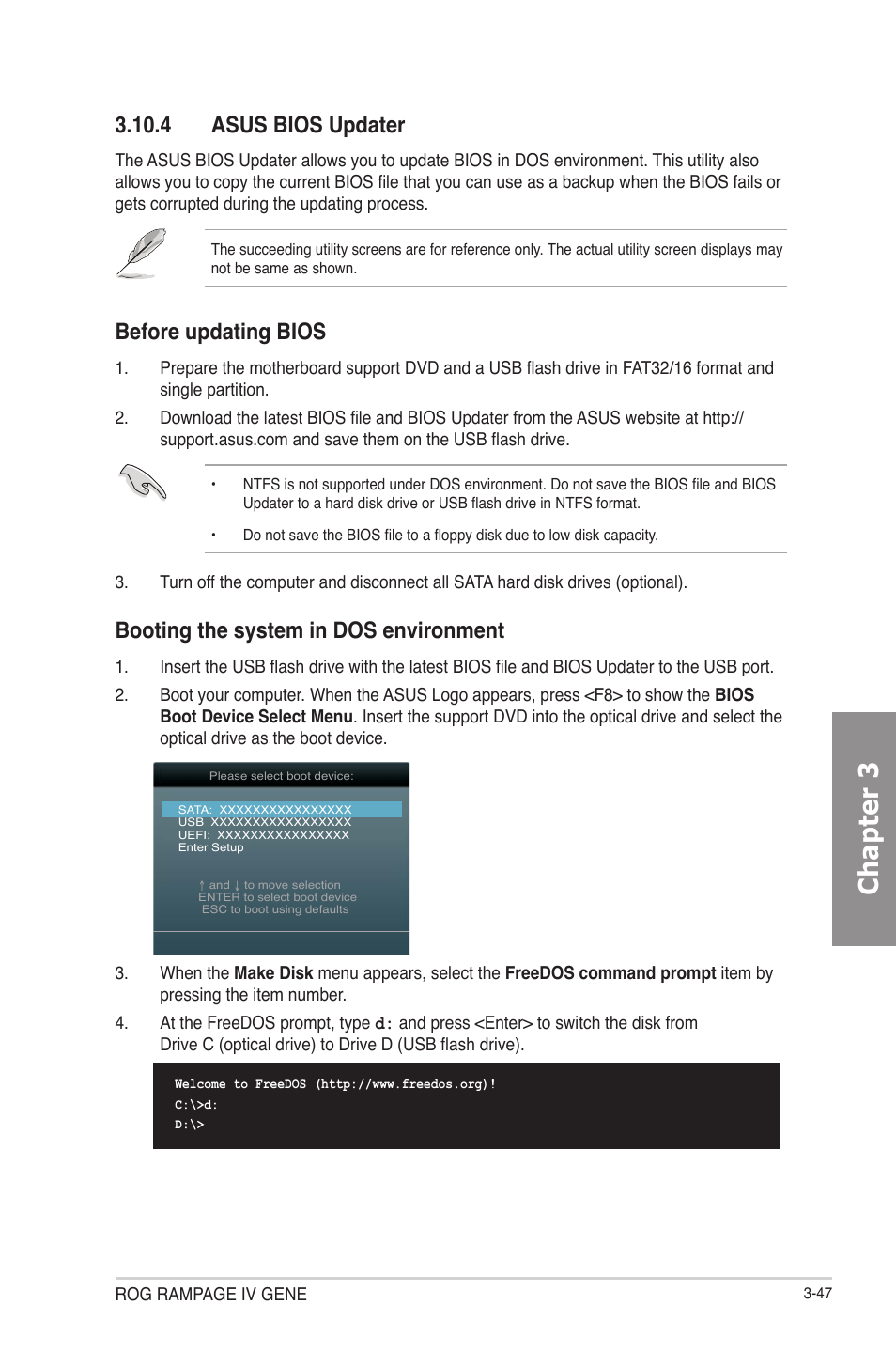 Asus bios updater -47, Chapter 3, Booting the system in dos environment | 4 asus bios updater, Before updating bios | Asus RAMPAGE IV GENE User Manual | Page 121 / 172