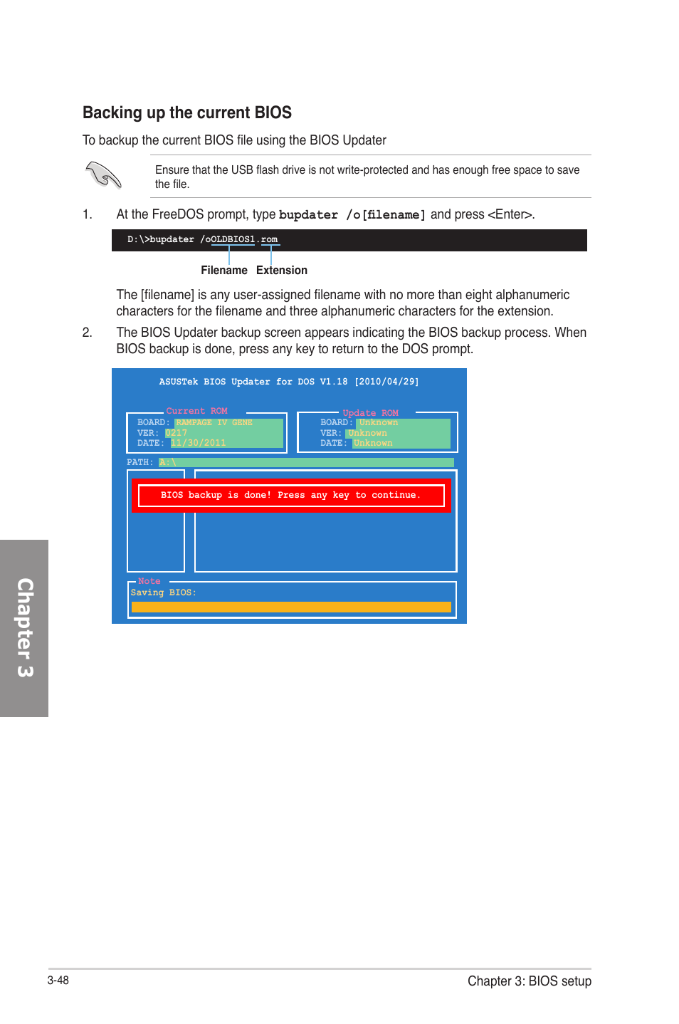 Chapter 3, Backing up the current bios | Asus RAMPAGE IV GENE User Manual | Page 122 / 172