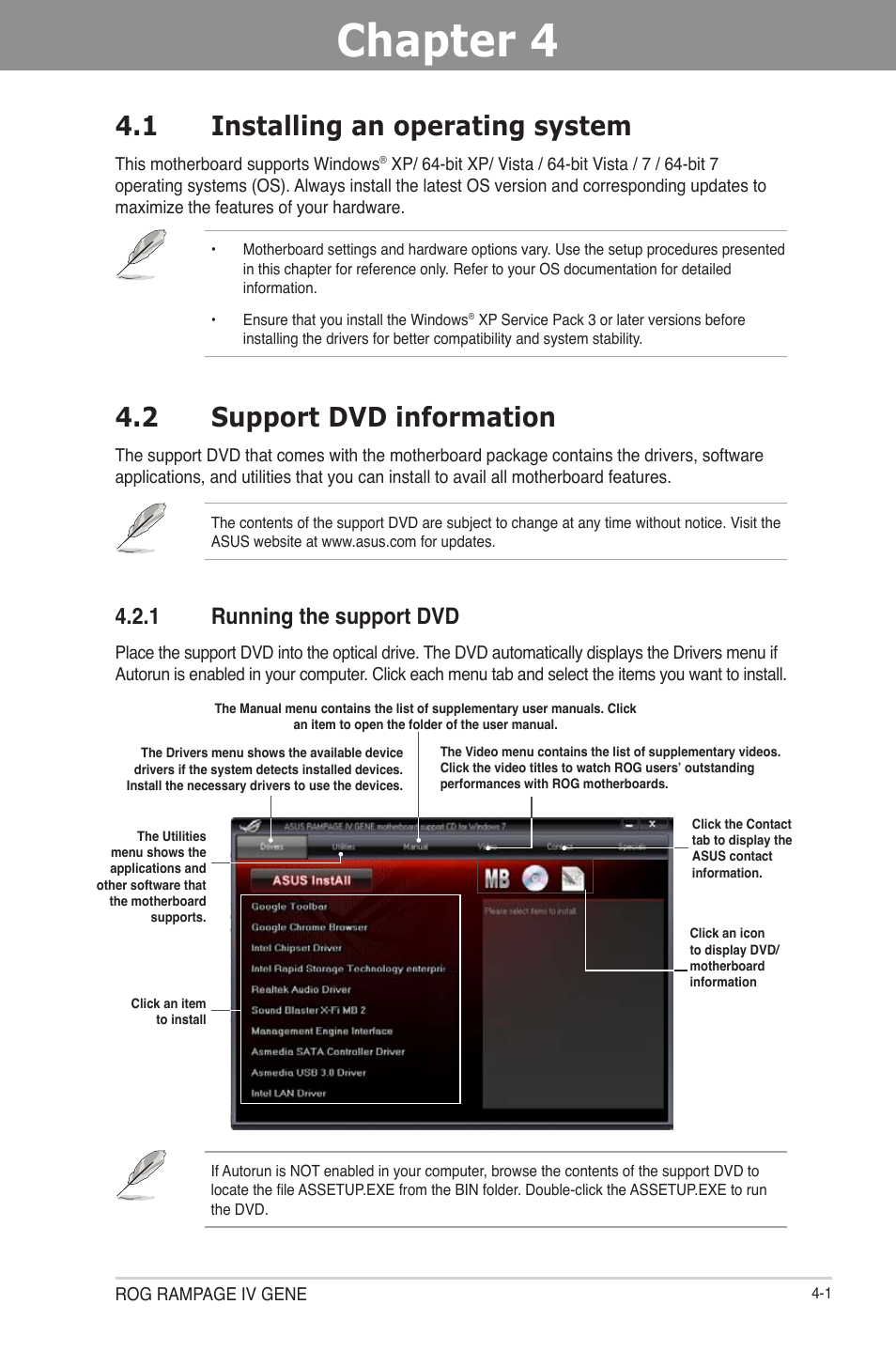 Installing an operating system -1, Support dvd information -1 4.2.1, Running the support dvd -1 | Chapter 4, Software support, 1 installing an operating system, 2 support dvd information, 1 running the support dvd | Asus RAMPAGE IV GENE User Manual | Page 125 / 172