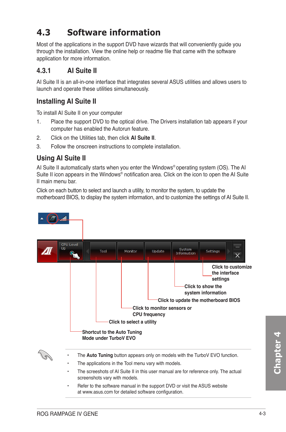 Software information -3, Ai suite ii -3, Chapter 4 4.3 software information | 1 ai suite ii, Installing ai suite ii, Using ai suite ii | Asus RAMPAGE IV GENE User Manual | Page 127 / 172