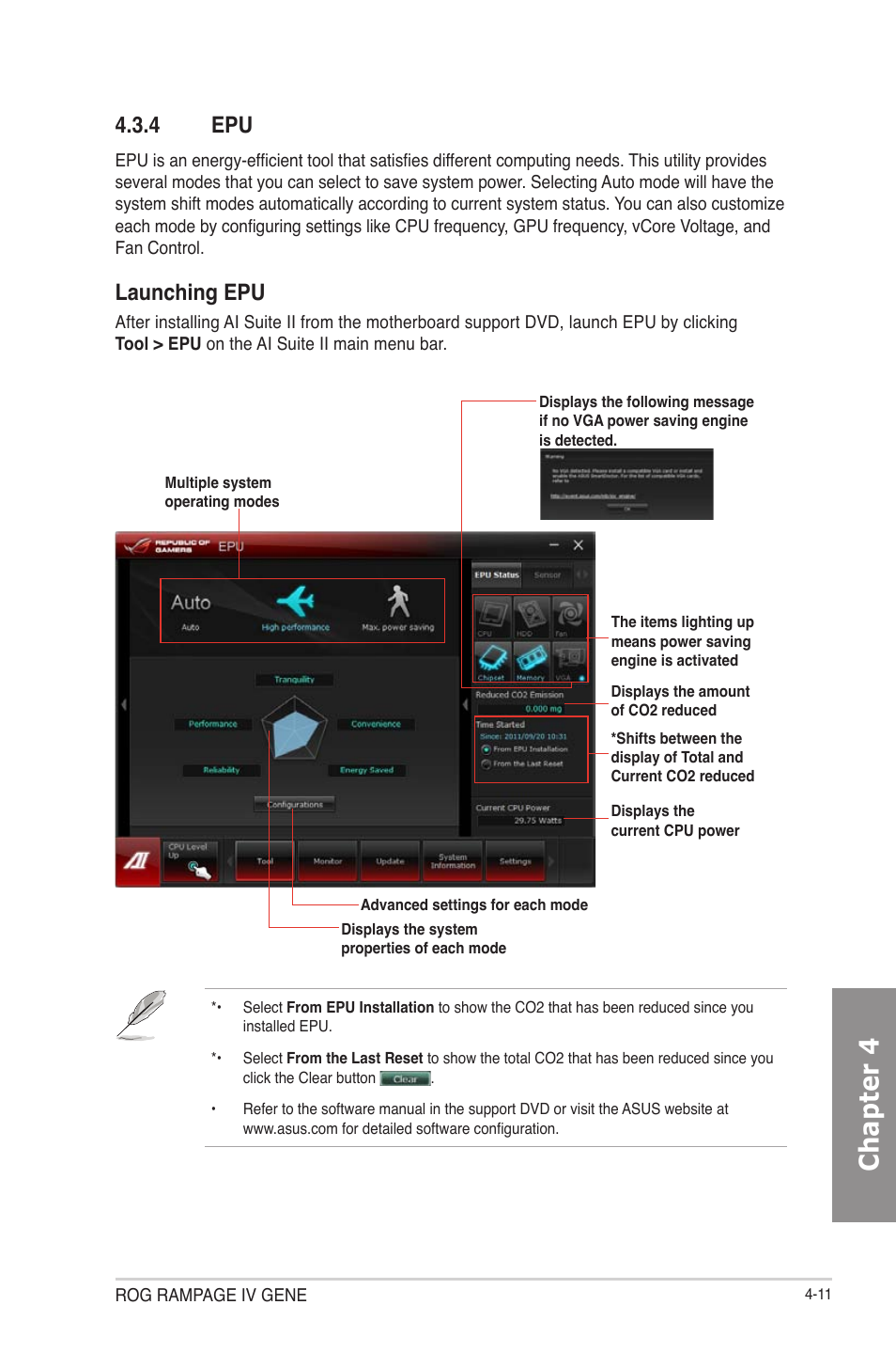 Epu -11, Chapter 4, 4 epu | Launching epu | Asus RAMPAGE IV GENE User Manual | Page 135 / 172
