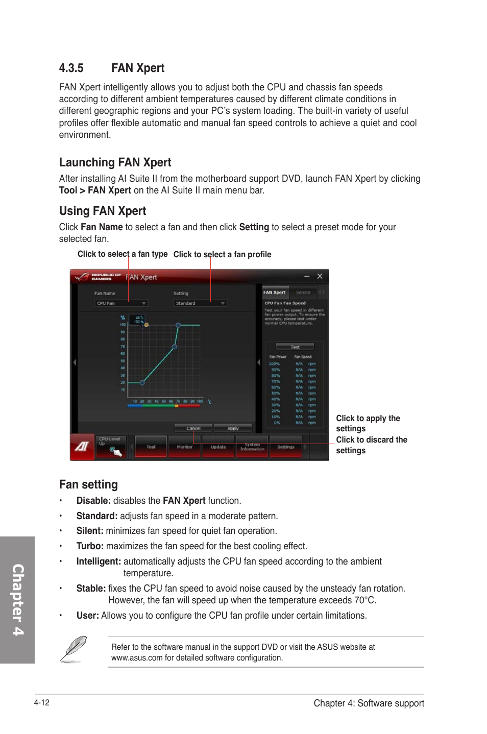 Fan xpert -12, Chapter 4, 5 fan xpert | Launching fan xpert, Fan setting, Using fan xpert | Asus RAMPAGE IV GENE User Manual | Page 136 / 172