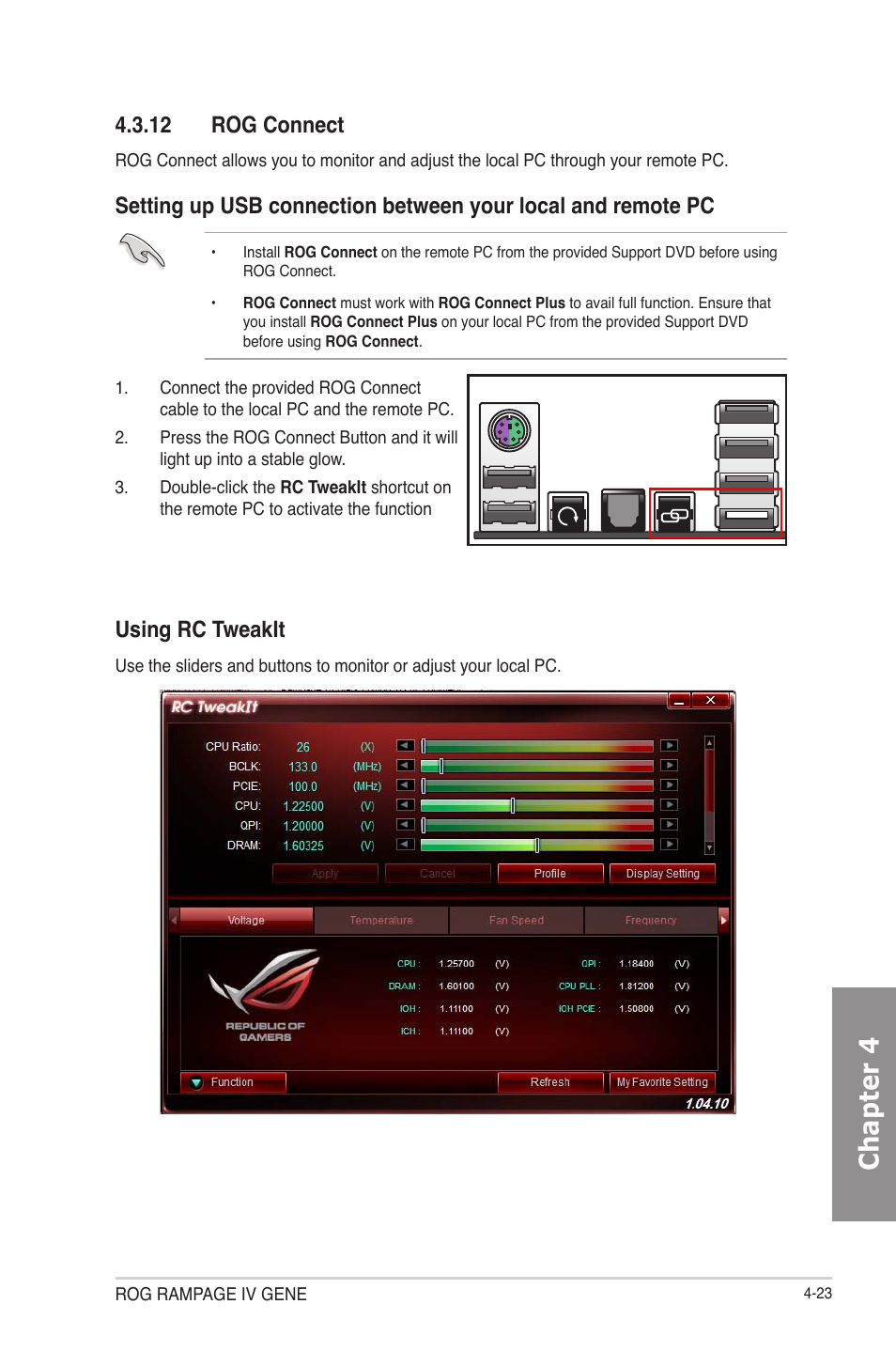 Rog connect -23, Chapter 4, 12 rog connect | Using rc tweakit | Asus RAMPAGE IV GENE User Manual | Page 147 / 172