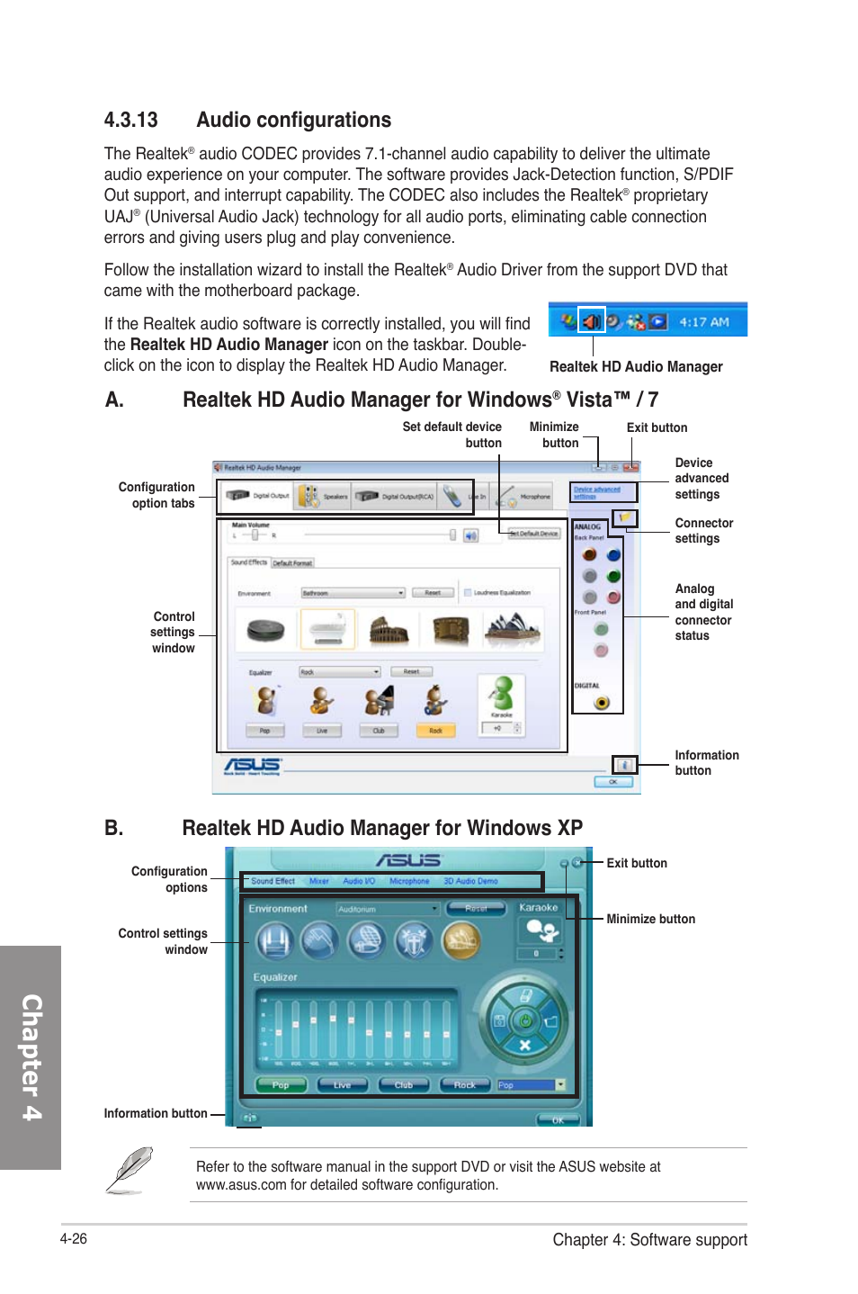 Audio configurations -26, Chapter 4, 13 audio configurations | A. realtek hd audio manager for windows, Vista™ / 7, B. realtek hd audio manager for windows xp | Asus RAMPAGE IV GENE User Manual | Page 150 / 172