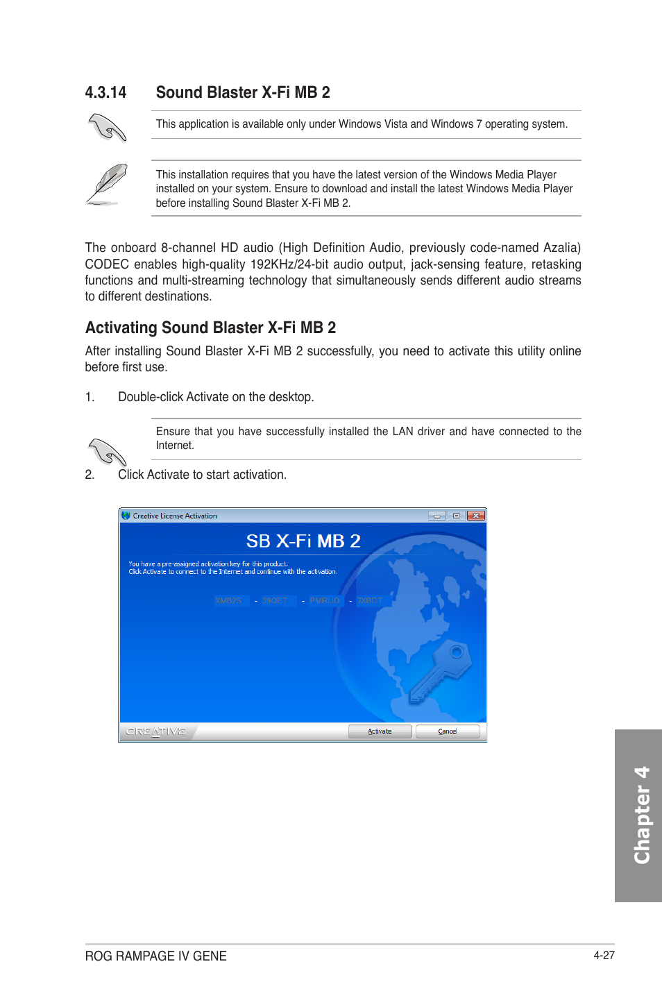 Sound blaster x-fi mb 2 -27, Chapter 4, 14 sound blaster x-fi mb 2 | Activating sound blaster x-fi mb 2 | Asus RAMPAGE IV GENE User Manual | Page 151 / 172