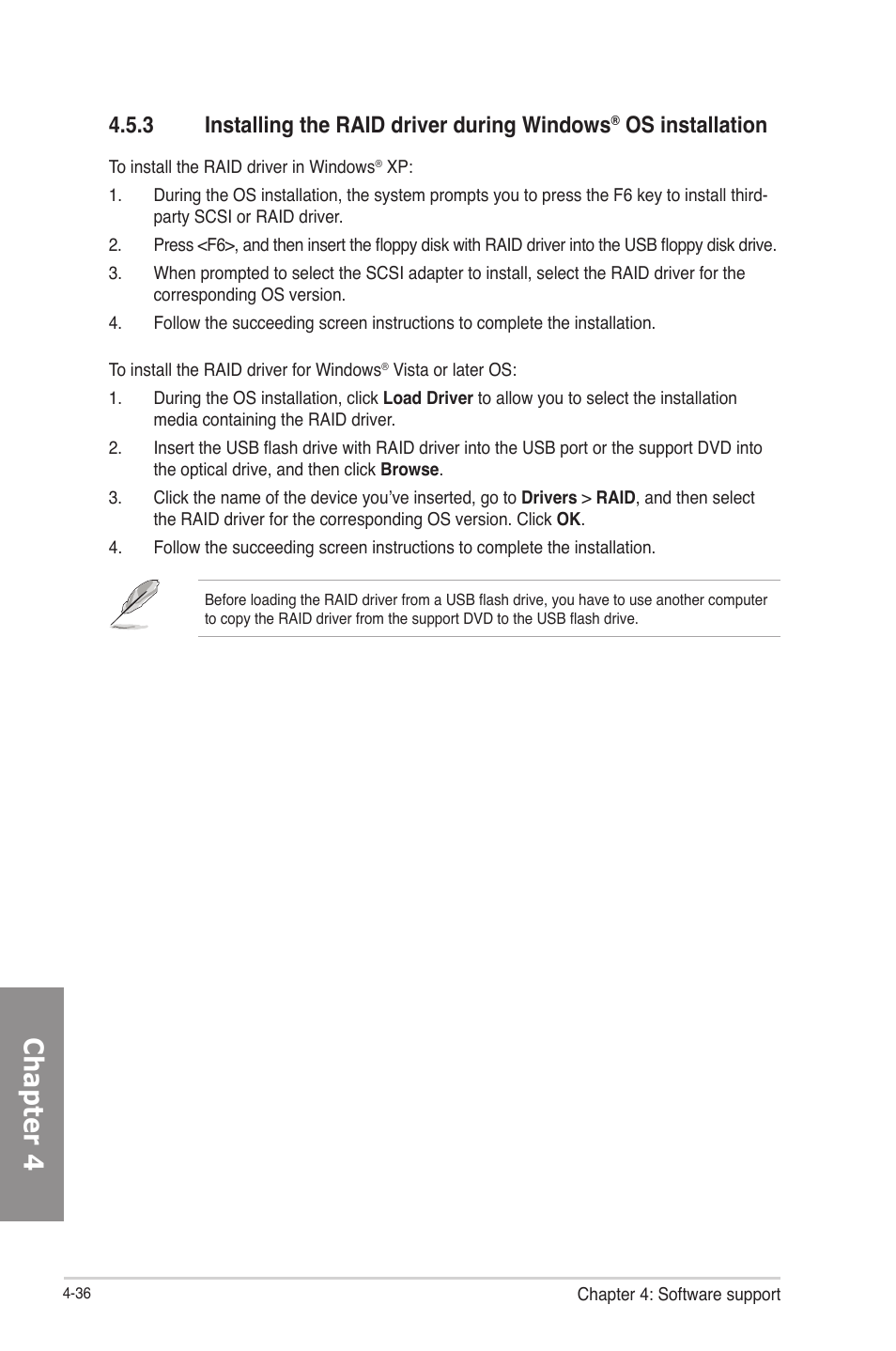 Installing the raid driver during windows, Os installation -36, Chapter 4 | 3 installing the raid driver during windows, Os installation | Asus RAMPAGE IV GENE User Manual | Page 160 / 172