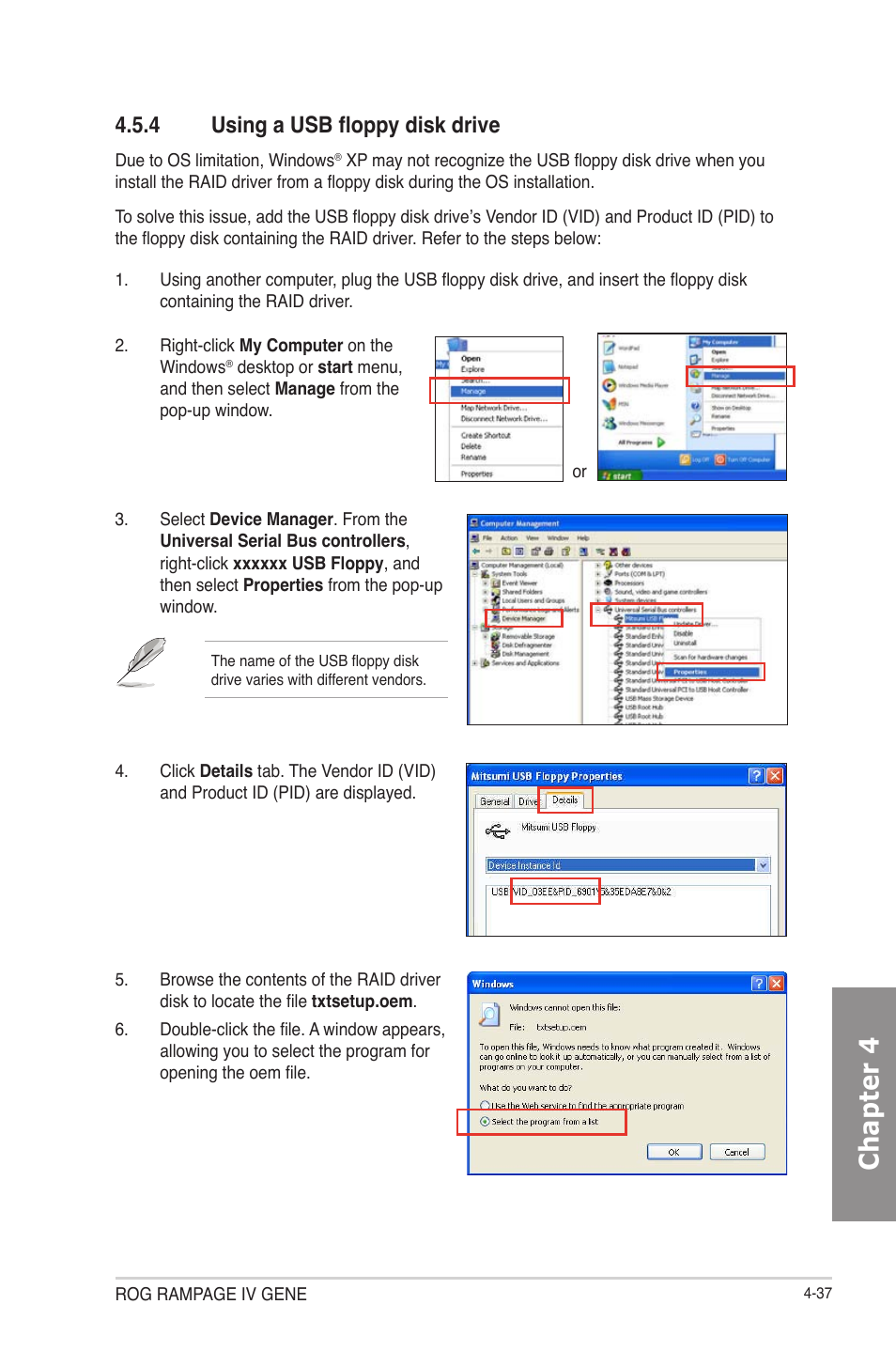 Using a usb floppy disk drive -37, Chapter 4, 4 using a usb floppy disk drive | Asus RAMPAGE IV GENE User Manual | Page 161 / 172