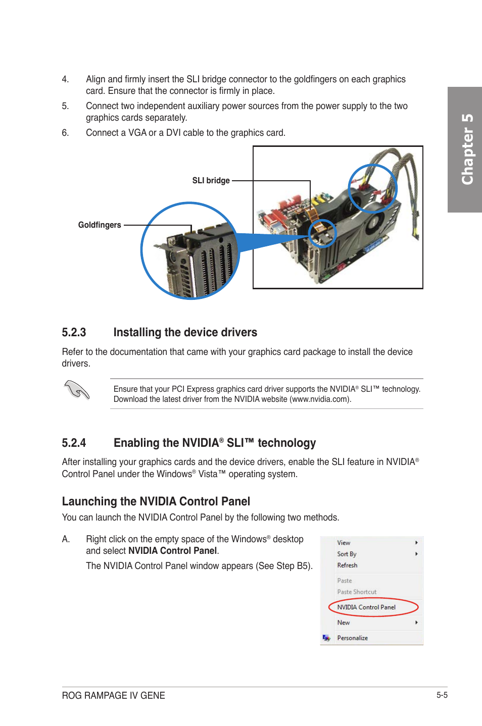 Installing the device drivers -5, Enabling the nvidia, Sli™ technology -5 | Chapter 5, 3 installing the device drivers, 4 enabling the nvidia, Sli™ technology, Launching the nvidia control panel | Asus RAMPAGE IV GENE User Manual | Page 167 / 172