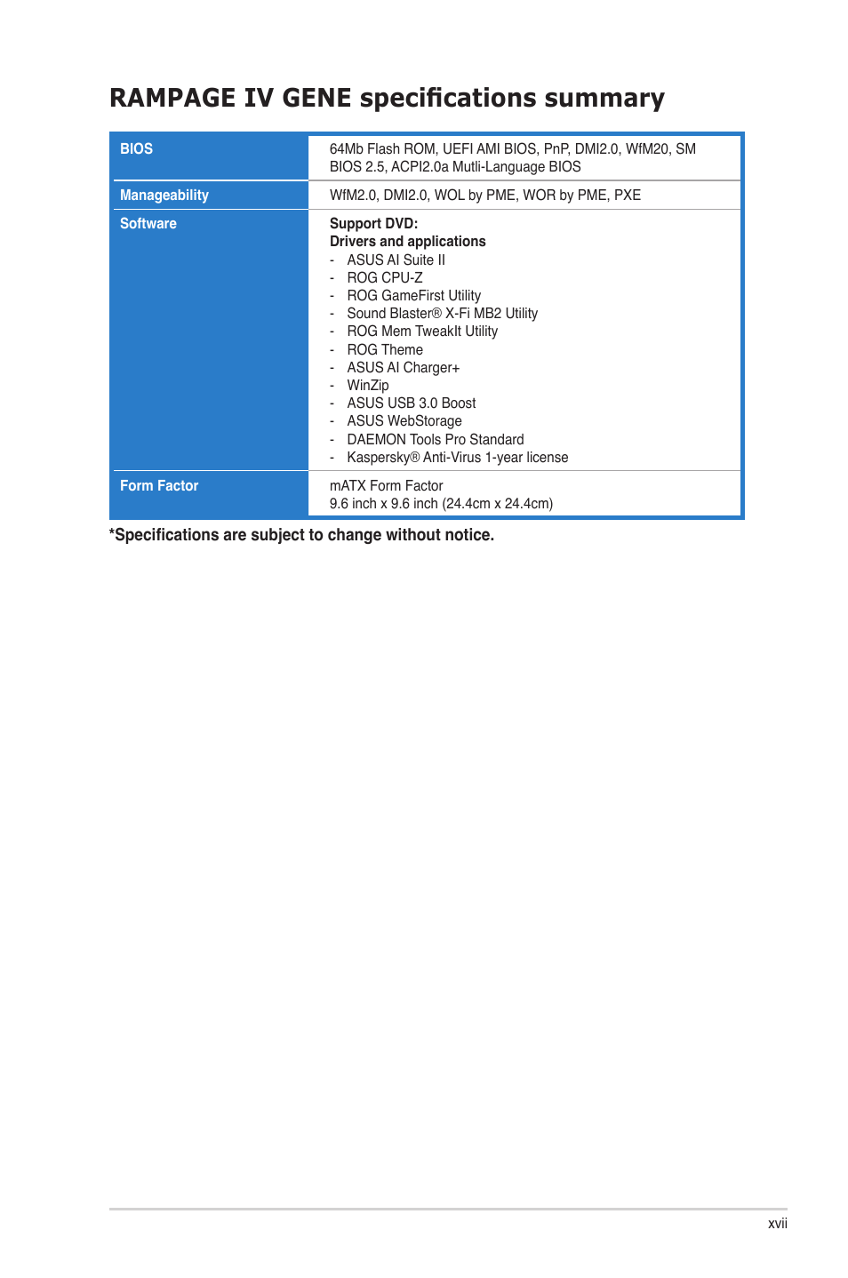 Rampage iv gene specifications summary | Asus RAMPAGE IV GENE User Manual | Page 17 / 172